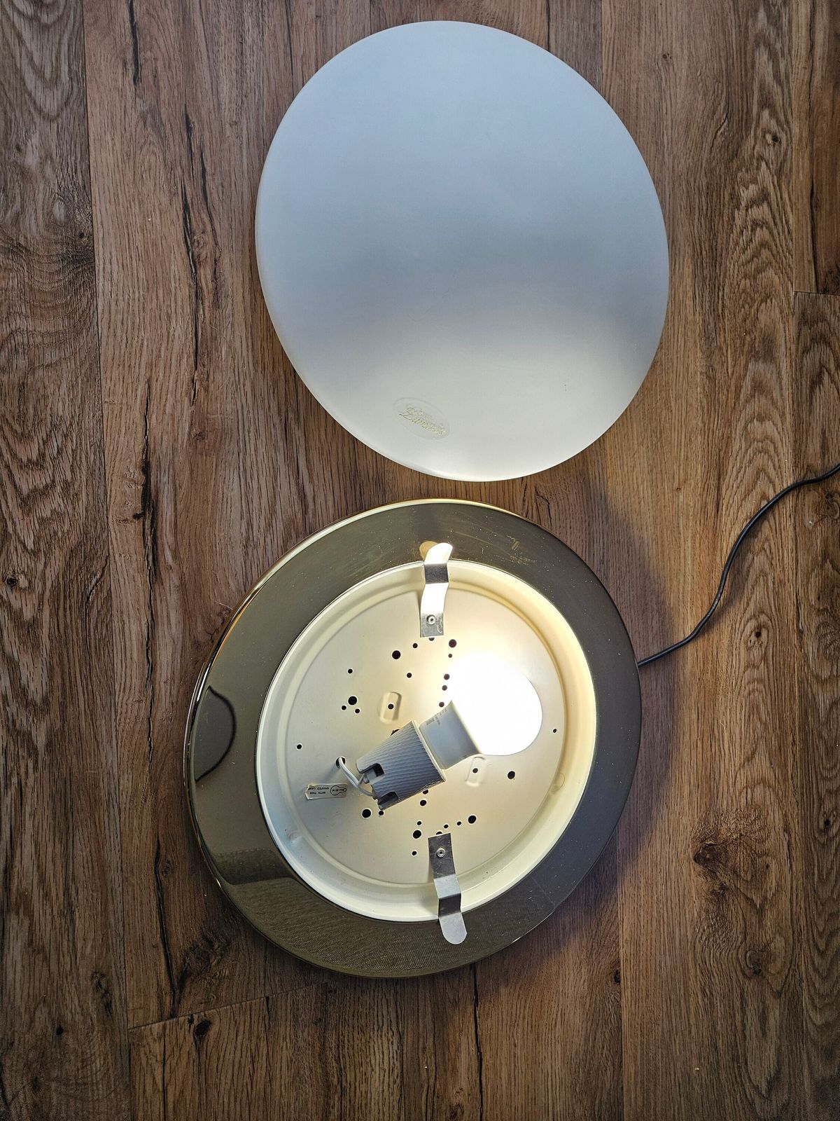 Large Vintage Glass Flush Mount Ceiling Light, Glass Wall Lamp, Glass Ceiling Lamp, 80's Lamps, Brass Lamp, Hollywood Regency Style Lamp photo vinterior