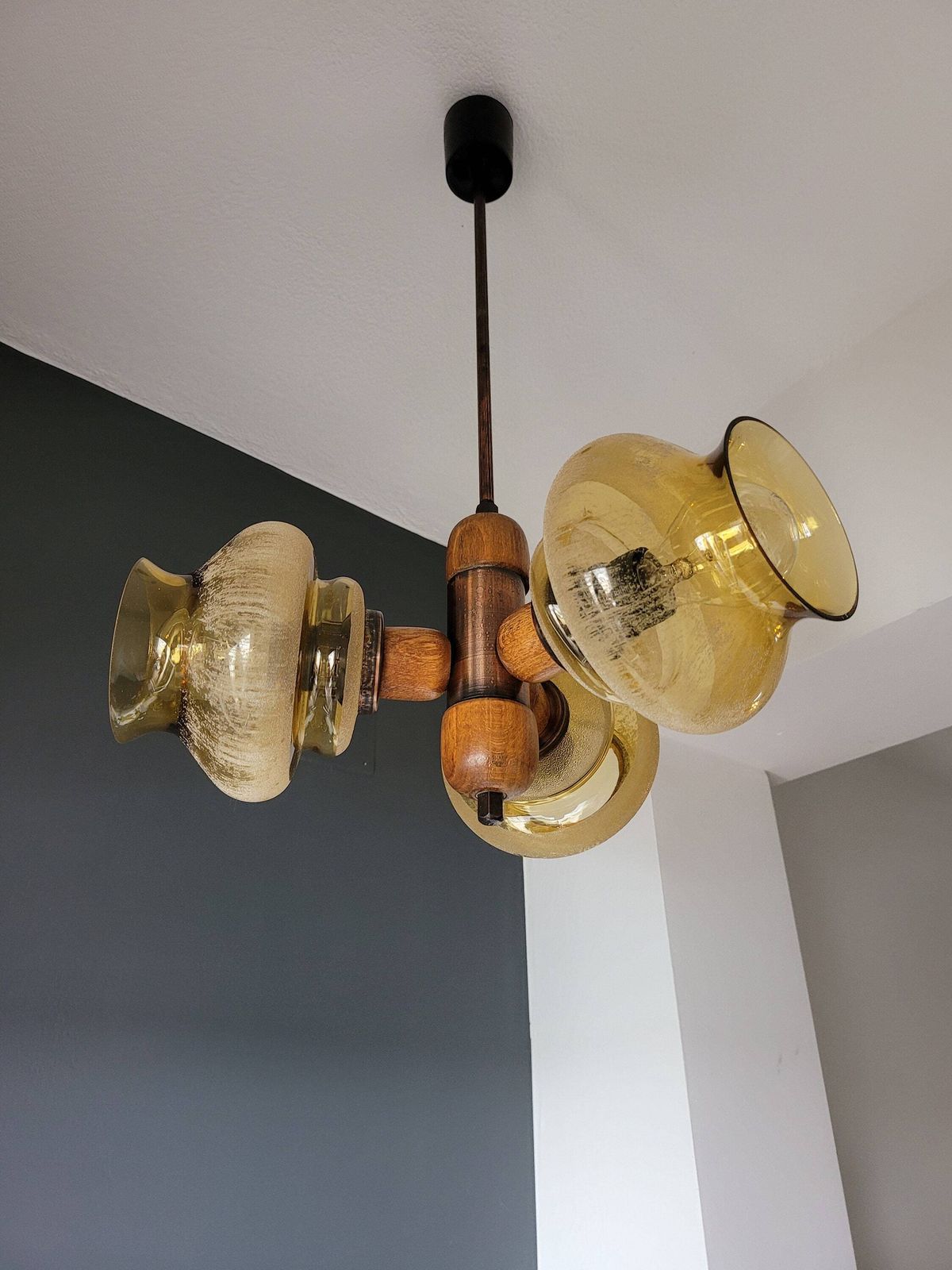 Mid Century Modern Ceiling Lamp, Amber Glass Globe Chandelier, Pendant Light, Copper And Wood, 70's Yugoslavia, Vintage Light, Mcm photo furniture