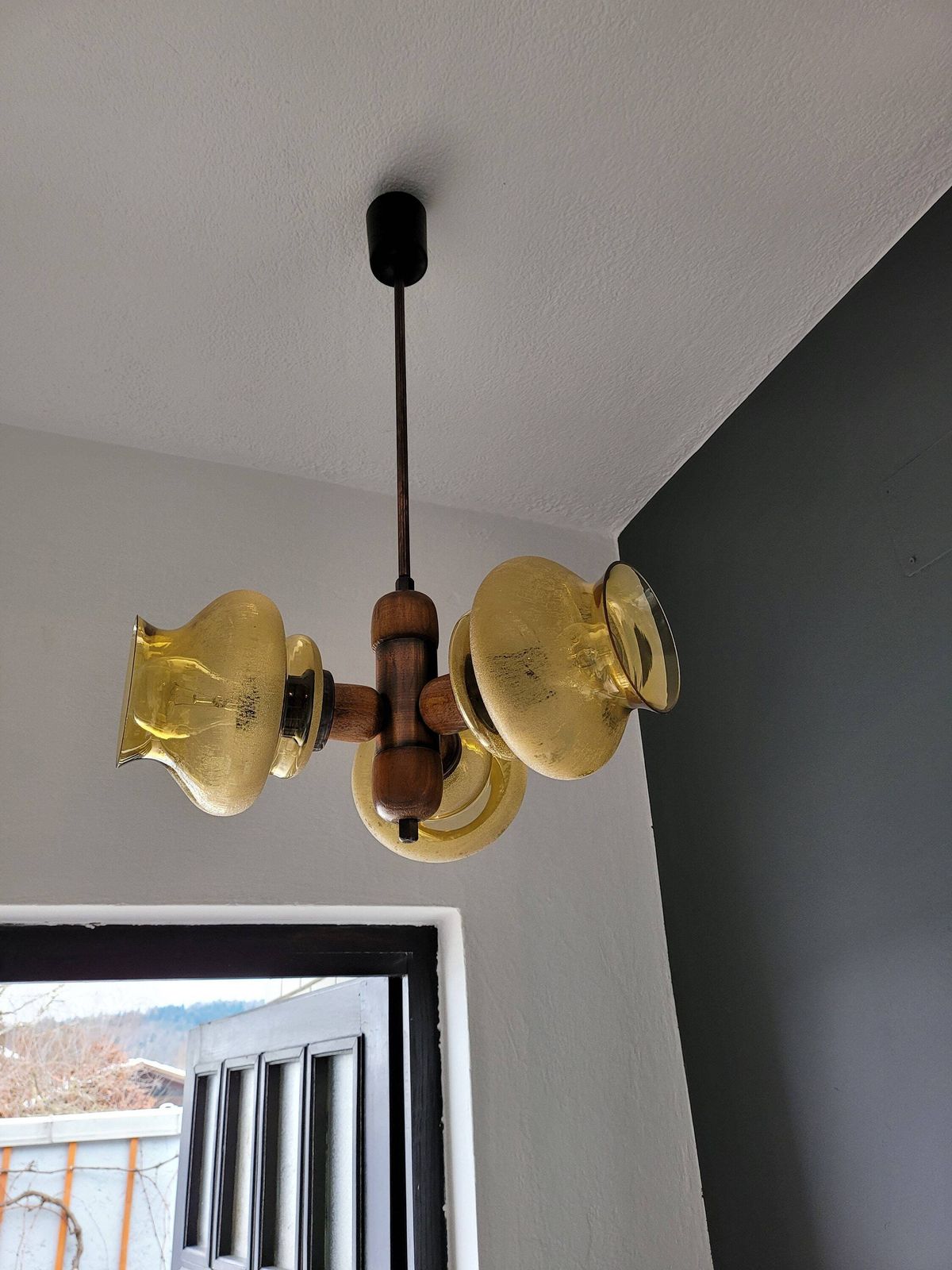 Mid Century Modern Ceiling Lamp, Amber Glass Globe Chandelier, Pendant Light, Copper And Wood, 70's Yugoslavia, Vintage Light, Mcm photo Lighting