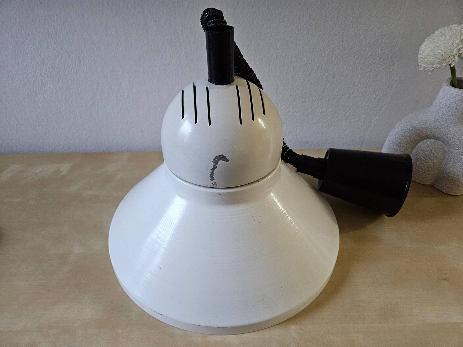 Vintage Pendant Lamp, White Lamp, Metal Lamp, Vintage Ceiling Light, 80's Lamps, Retro Hanging Light, Retro Kitchen Lamp, Black And White photo vinterior