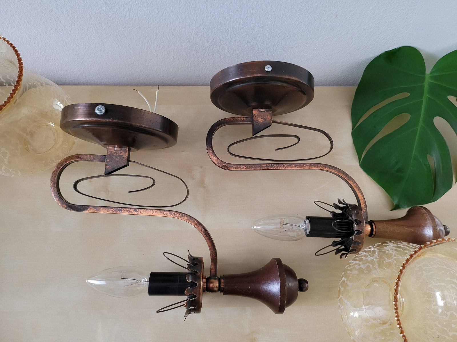 photo for sale Set Of 2 Vintage Wall Lamps, Wall Sconces Pair, Bedside Lights, Copper Lamp, Glass Lamp, Mid Century Lamp, Yugoslavia 80's, Vintage Light