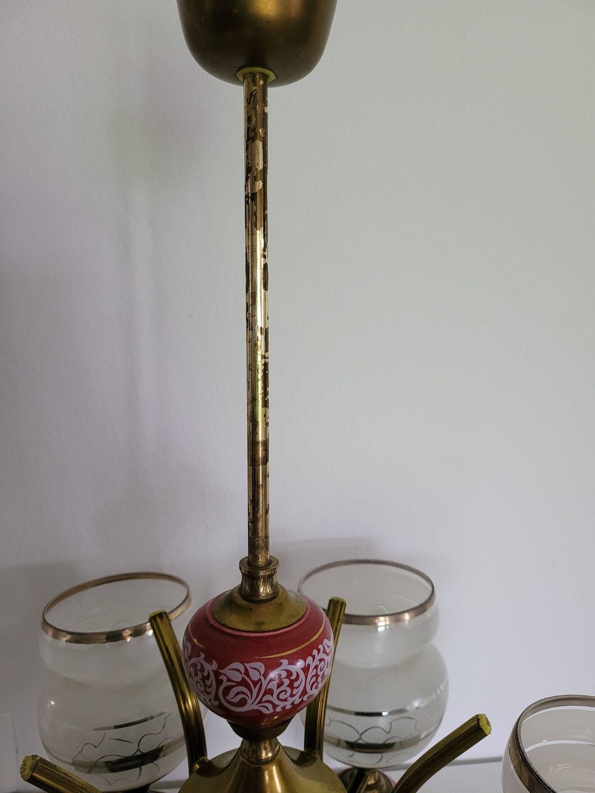 Vintage Chandelier, 5 Arm Brass Ceramic And Glass Ceiling Lamp, Vintage Light Fixture, 70s Pendant Light, Mid Century Modern Lamp, Mcm photo vinterior