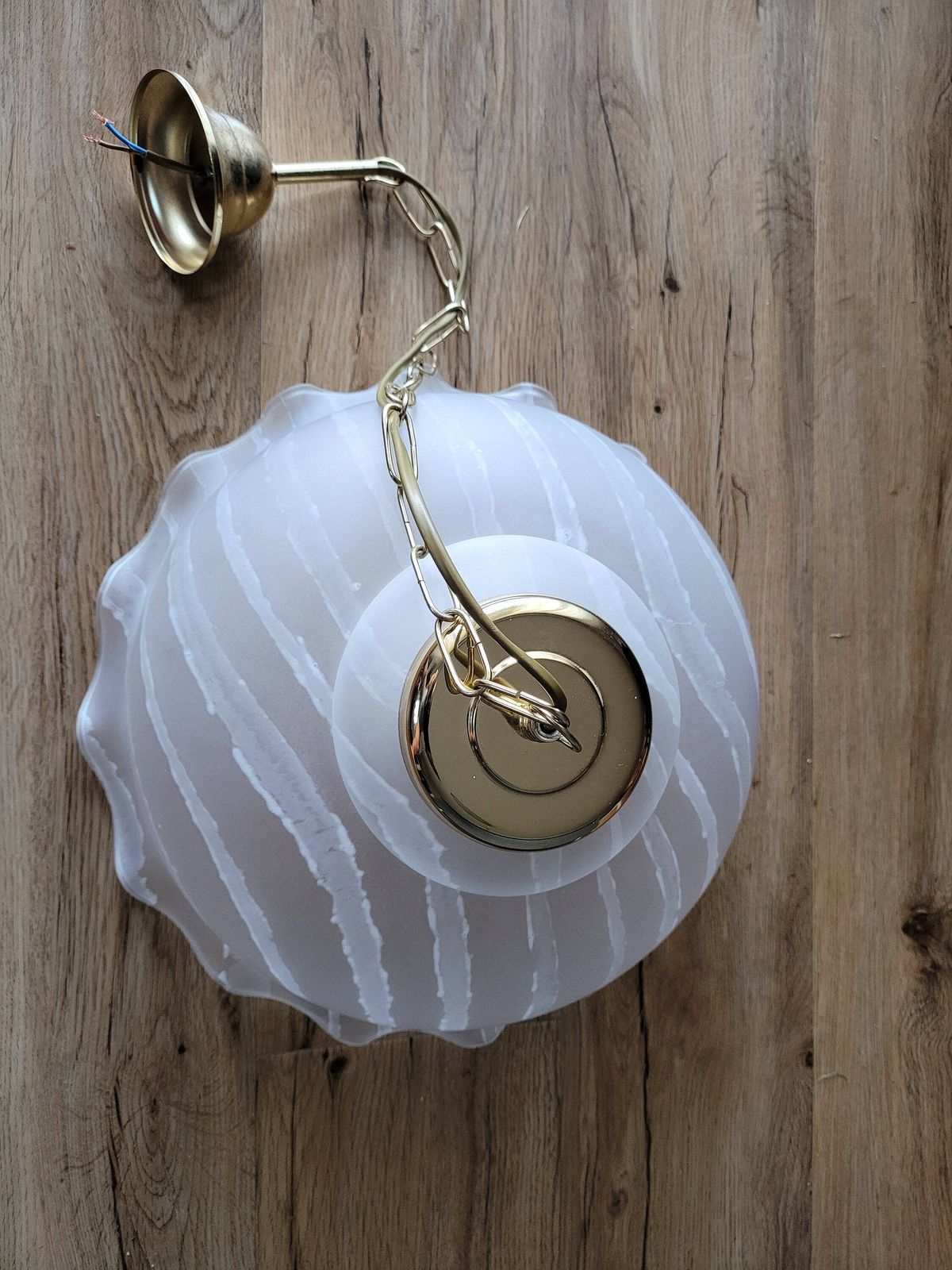 Vintage White Chandelier / Brass Ceiling Light / White Spiral Lamp / White Swirl Pendant Lamp / Hanging Lamp / Chandelier Murano Style photo vintage