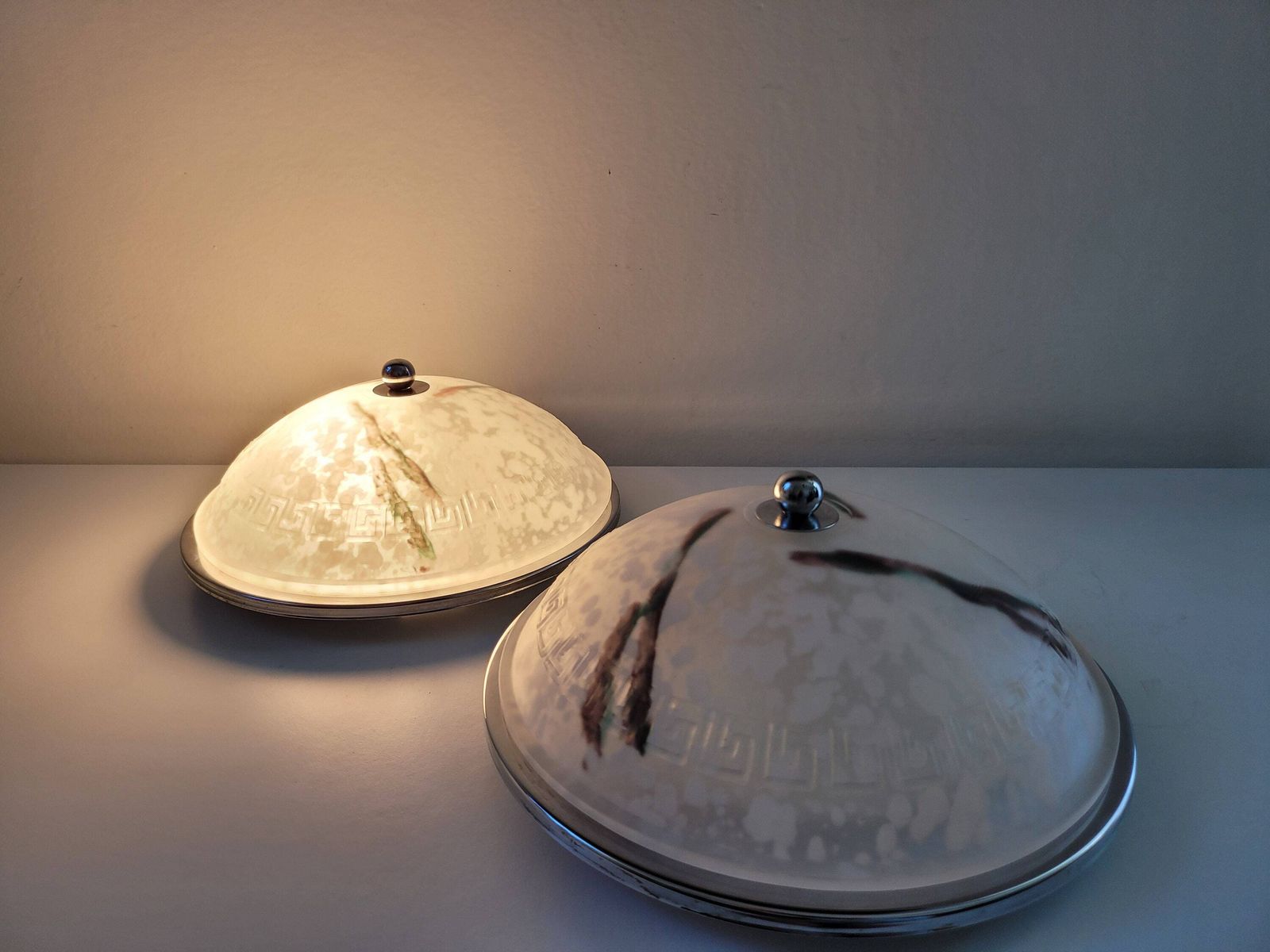 Set Of 2 Large Round Glass Flush Mount Lights / Vintage Ceiling Lights / Wall Lamp Pair / White Glass Sconces / 80's Wall Lamps photo for sale
