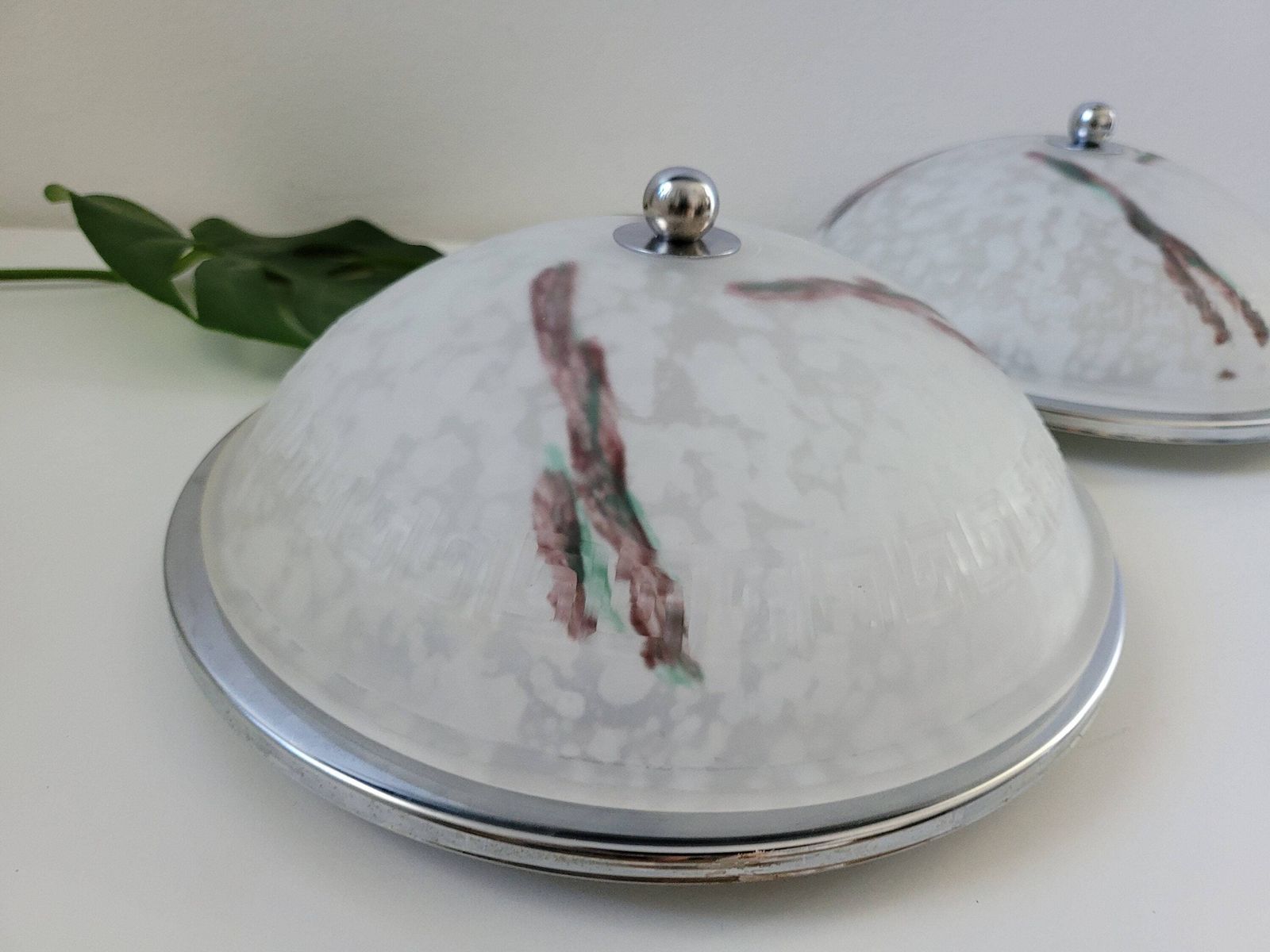 photo furniture Set Of 2 Large Round Glass Flush Mount Lights / Vintage Ceiling Lights / Wall Lamp Pair / White Glass Sconces / 80's Wall Lamps