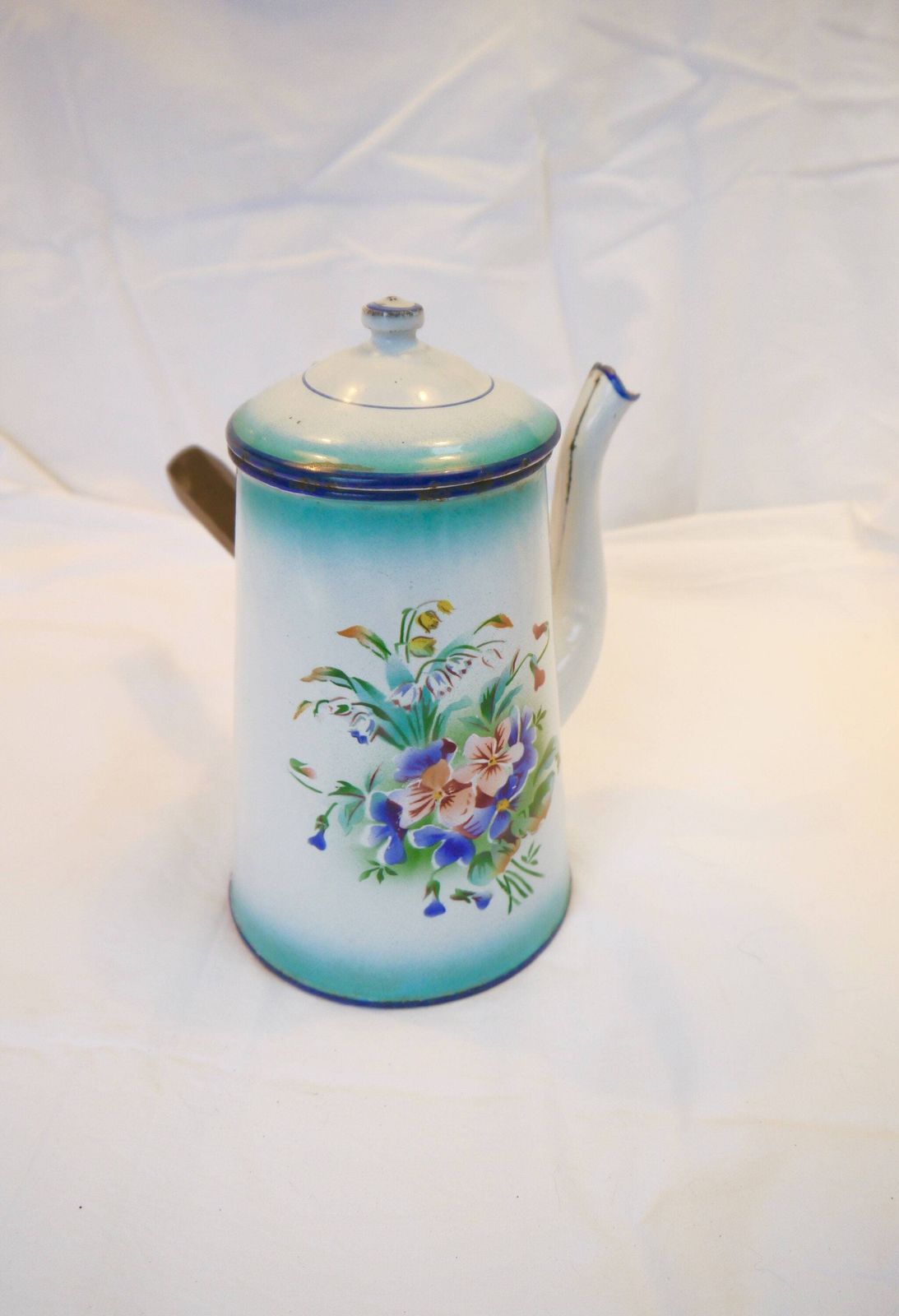 Enamel Floral Coffee Pot, French Vintage Flower Motif Coffee Pot, Enamelled Antique Cafetiere photo furniture