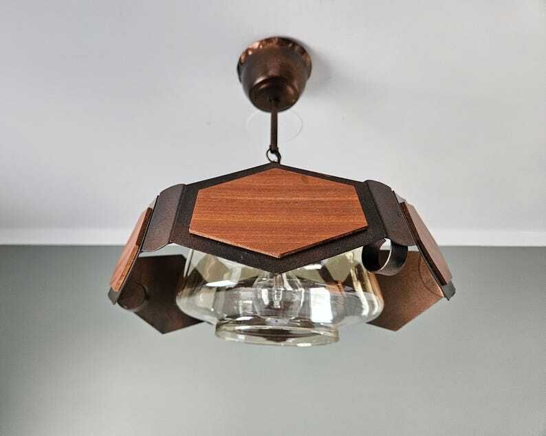 Vintage Ceiling Light, Brutalist Wood Copper Pendant Light, Glass Chandelier, Mid Century Modern Lamp, Rustic Lamp, Retro Lighting photo furniture