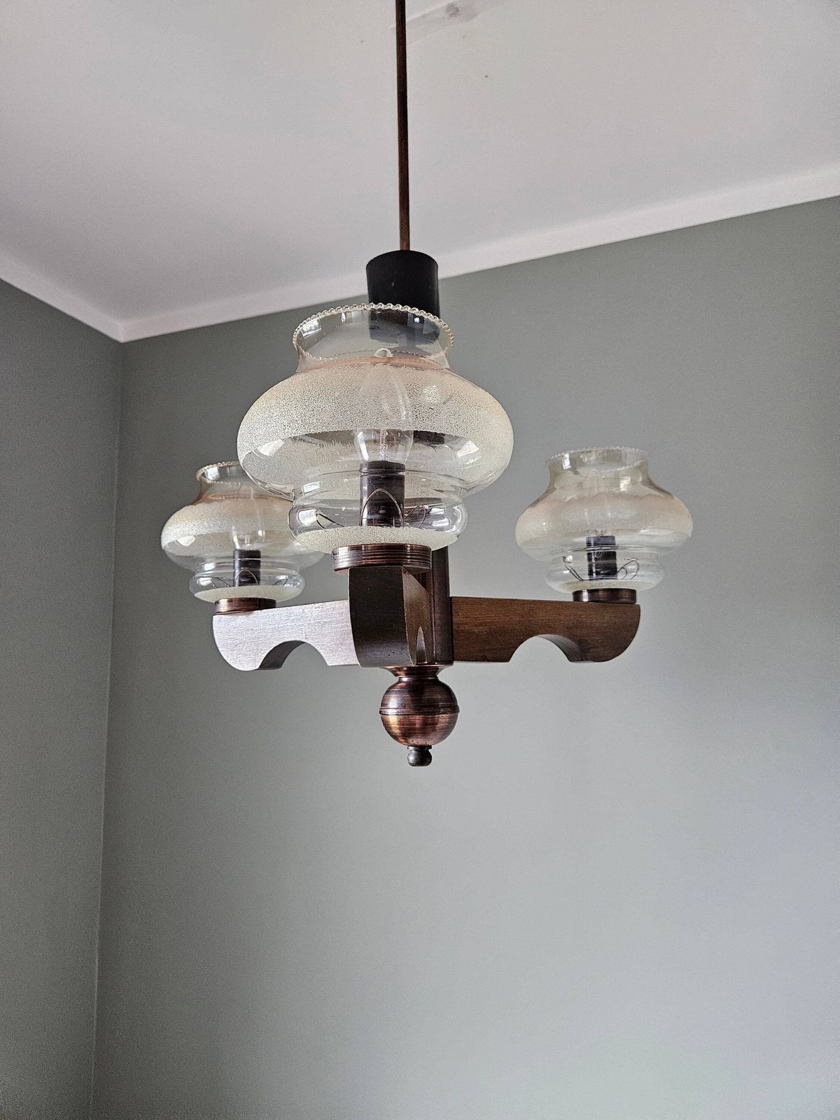 Mid Century Modern Ceiling Lamp, Amber Glass Globe Chandelier, Pendant Light, Copper And Wood, 70s Yugoslavia, Vintage Light, Mcm photo 166.0