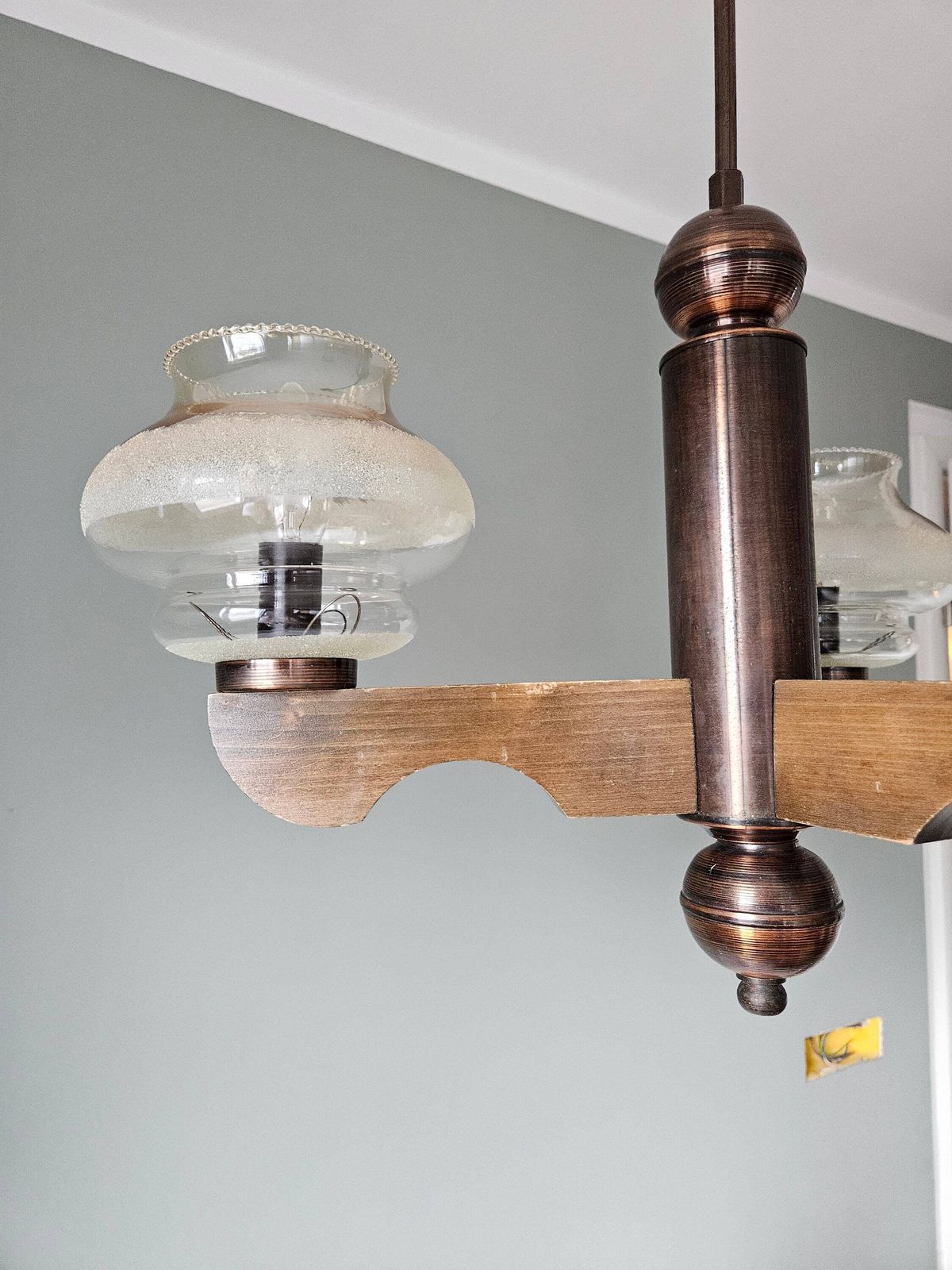 Mid Century Modern Ceiling Lamp, Amber Glass Globe Chandelier, Pendant Light, Copper And Wood, 70s Yugoslavia, Vintage Light, Mcm photo vintage