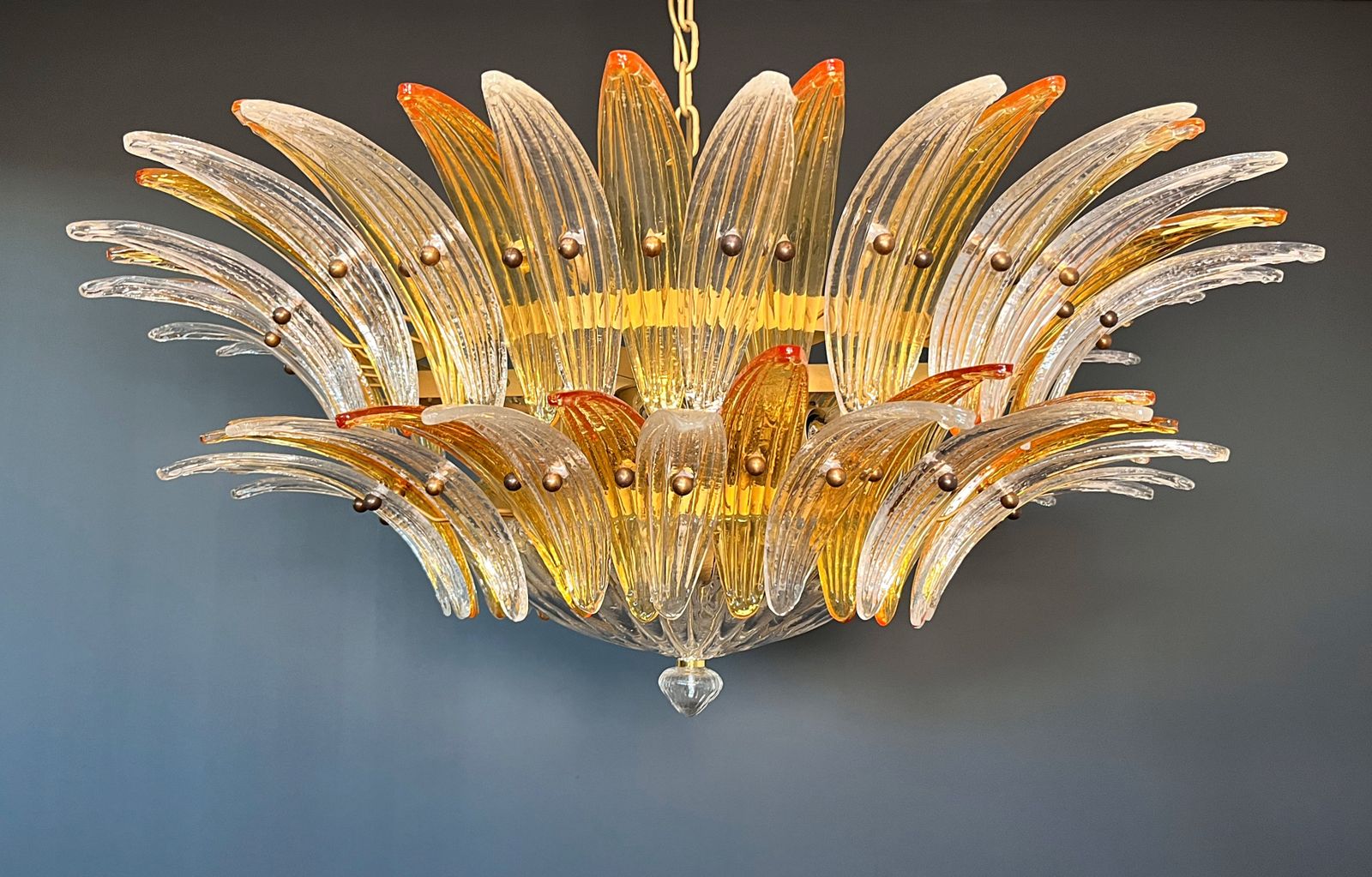 Murano Chandelier Original Palmette, Two Levels, 82 Amber And Clear Glasses