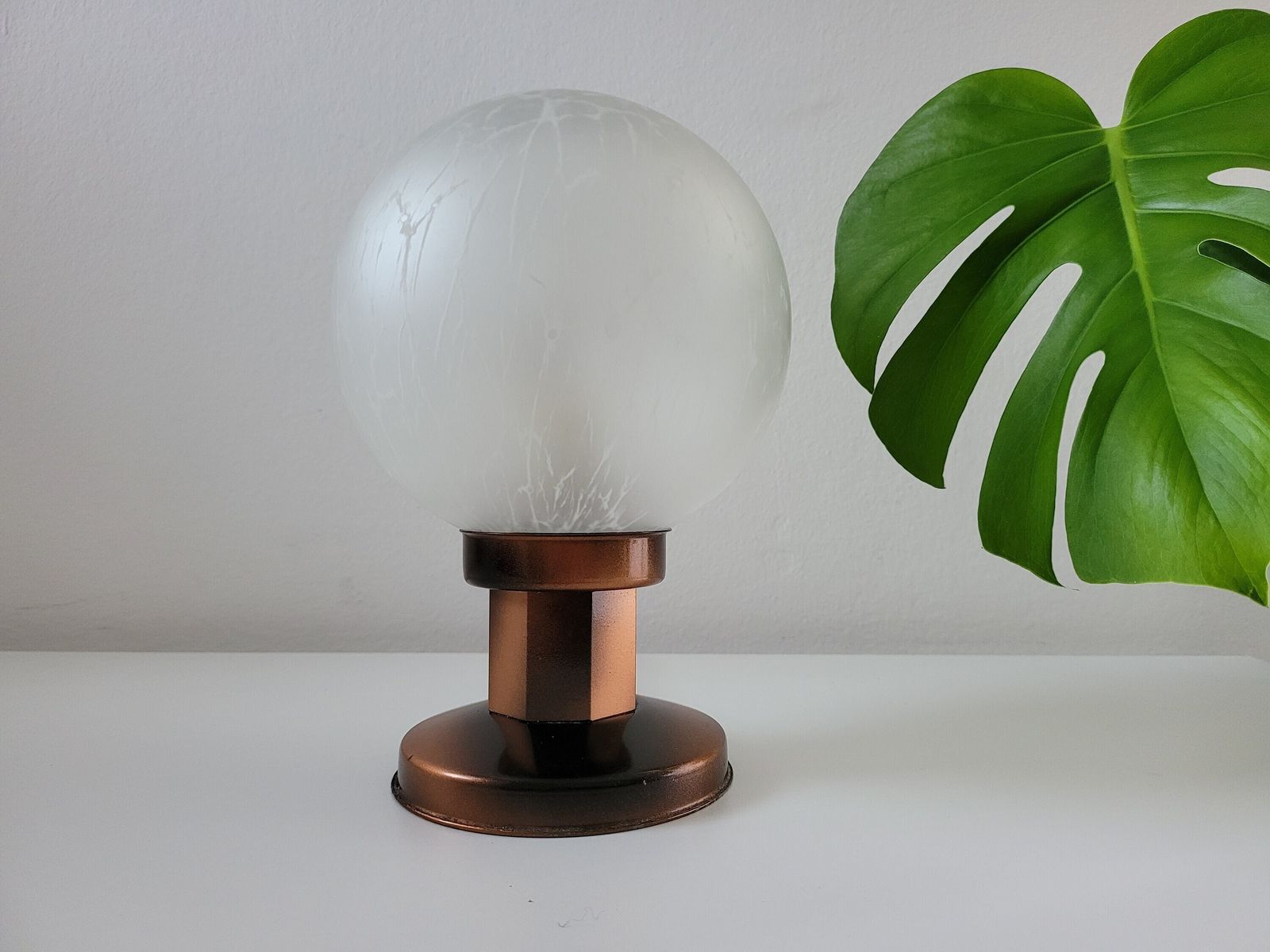Vintage Table Lamp, Mid Century Glass Globe Lamp, Space Age Desk Lamp, Copper Bedside Light, Night Stand Light, Mcm Light, 70's, Yugoslavia photo furniture