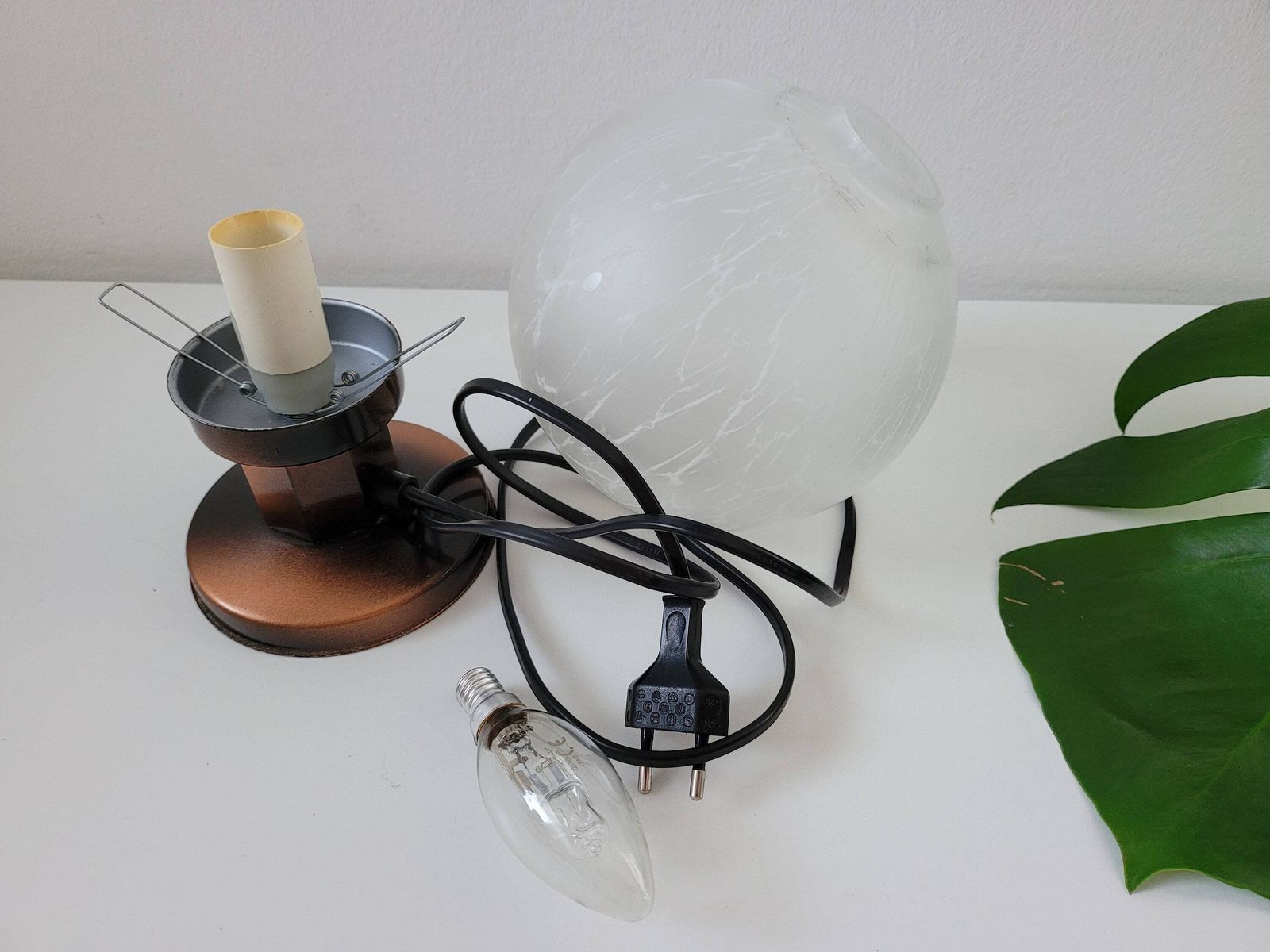 Vintage Table Lamp, Mid Century Glass Globe Lamp, Space Age Desk Lamp, Copper Bedside Light, Night Stand Light, Mcm Light, 70's, Yugoslavia photo Lighting