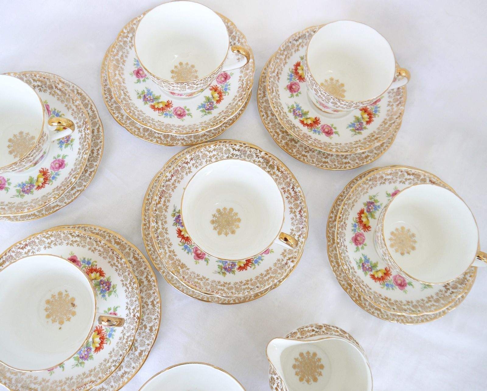 Imperial Bone China Tea Cup Trios With Milk Jug And Sugar Bowl, 6 Bone China Floral And Gold Tea Cups, Saucers And Plates. photo buy