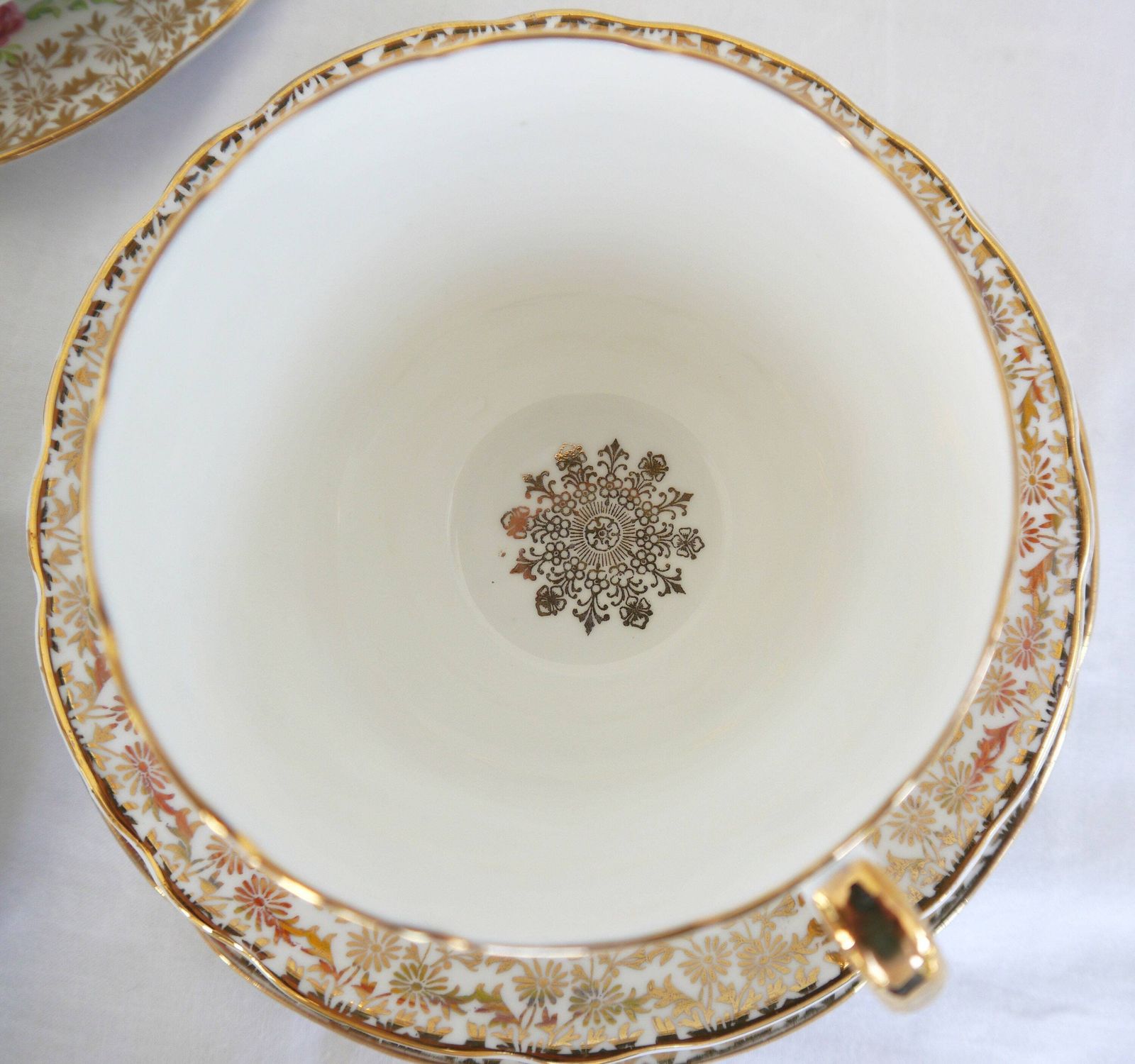photo for sale Imperial Bone China Tea Cup Trios With Milk Jug And Sugar Bowl, 6 Bone China Floral And Gold Tea Cups, Saucers And Plates.