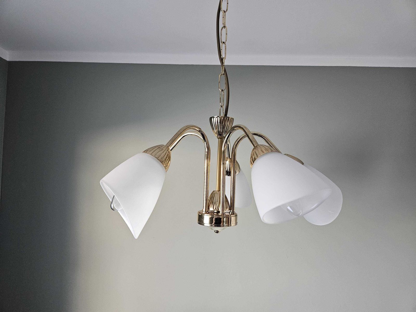 Vintage Chandelier, Brass Pendant Light, Ceiling Lamp, Hollywood Regency Style, Golden 5 Arm Hanging Lamp, Vintage Light Fixture photo vintage