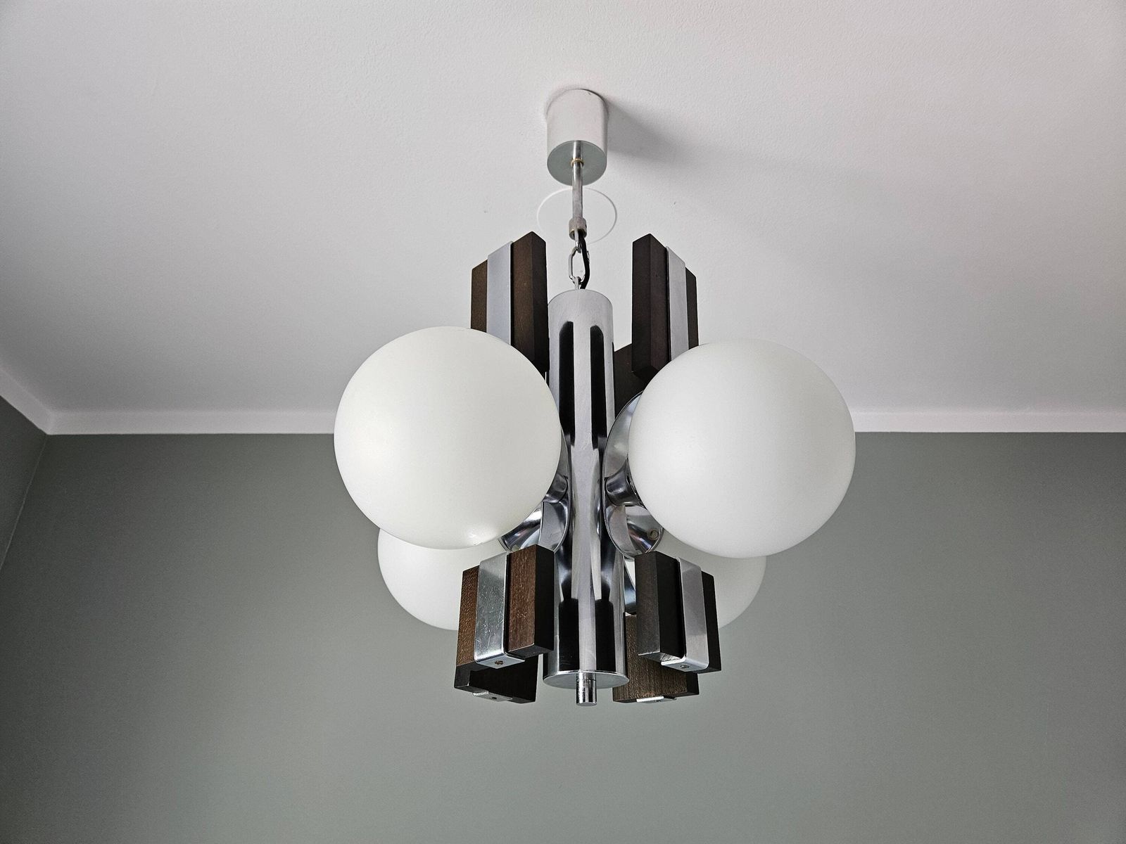 Sputnik Chandelier, Mid Century Modern, Globes Light Fixture, Space Age, Vintage Brutalist Ceiling Light, Wooden Lamp, Yugoslavia 70s 80s photo furniture