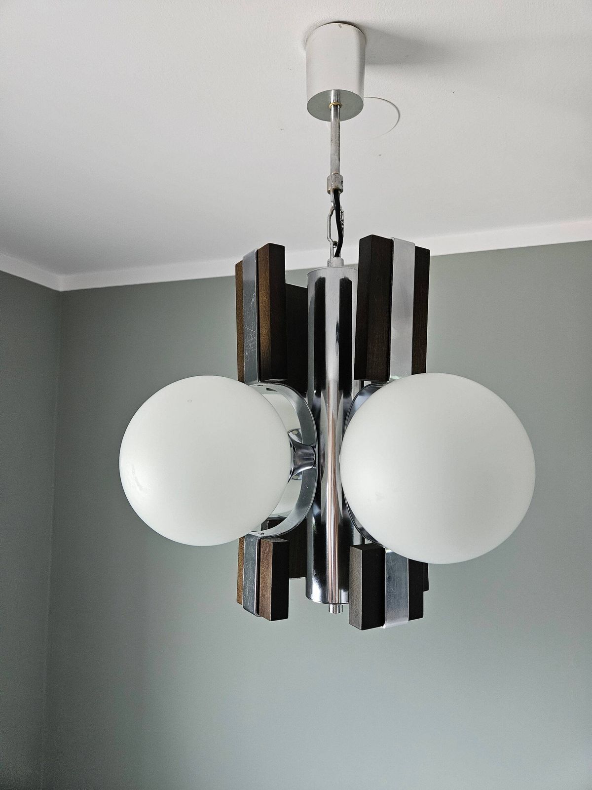 Sputnik Chandelier, Mid Century Modern, Globes Light Fixture, Space Age, Vintage Brutalist Ceiling Light, Wooden Lamp, Yugoslavia 70s 80s photo Lighting