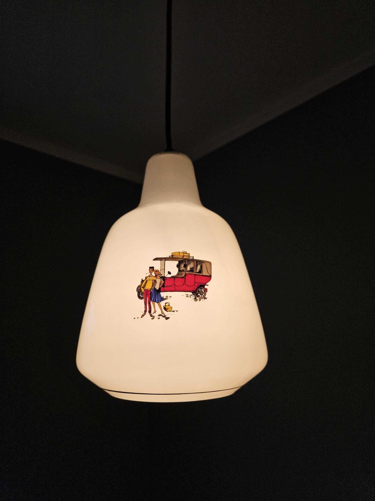 Vintage Pendant Light, Old Kitchen Lamp, Opaline Glass Ceiling Light, 60's, Farmhouse Lamp, Cottage Core, Love Couple And Carriage photo for sale