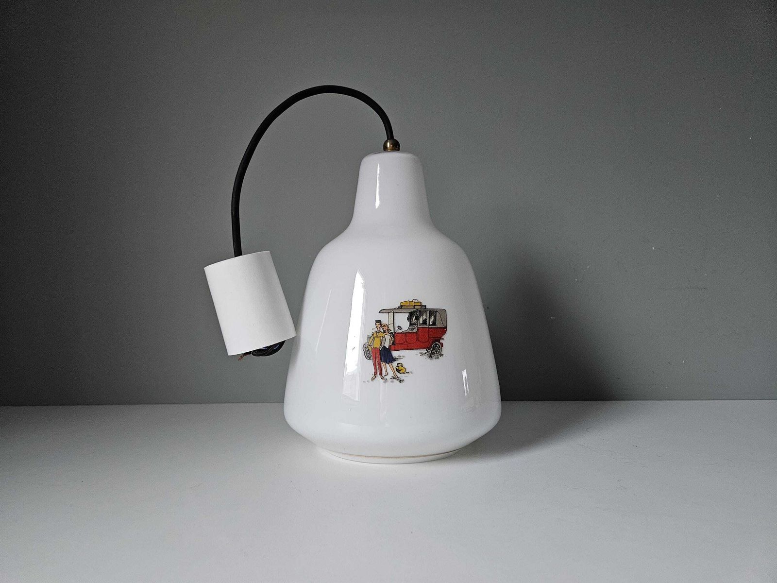 Vintage Pendant Light, Old Kitchen Lamp, Opaline Glass Ceiling Light, 60's, Farmhouse Lamp, Cottage Core, Love Couple And Carriage photo 172.0