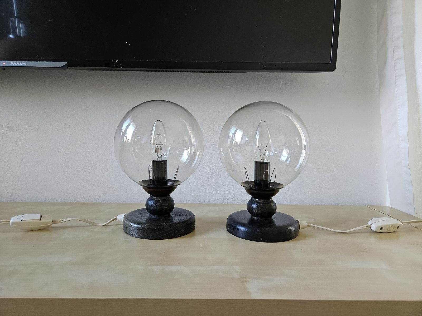 Set Of2 Mid Century Modern Bedside Lamps, Space Age Table Lamps Pair, Vintage Desk Lamps Pair, Nightstand Lights, Mcm Light 70s Glass Globe