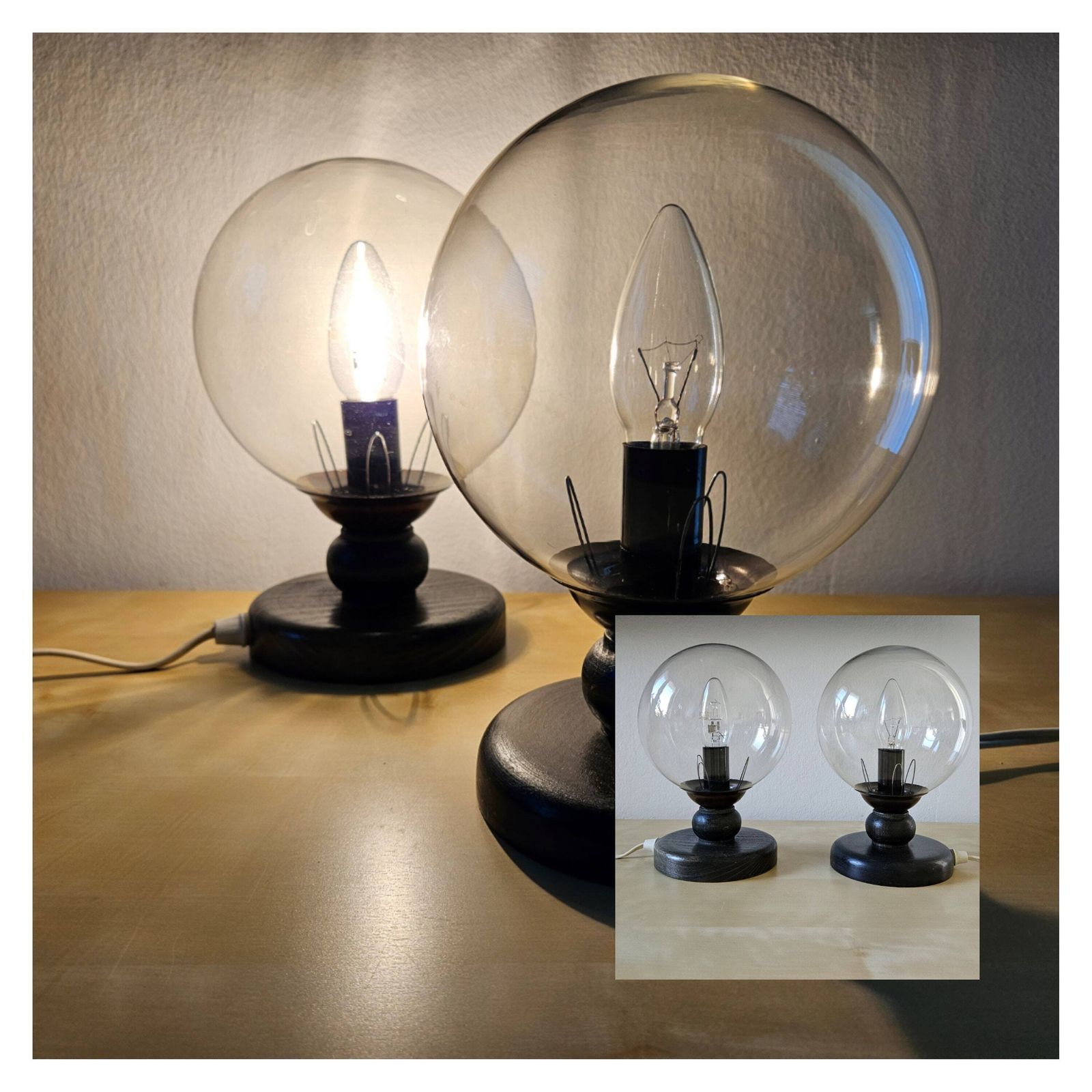 Set Of2 Mid Century Modern Bedside Lamps, Space Age Table Lamps Pair, Vintage Desk Lamps Pair, Nightstand Lights, Mcm Light 70s Glass Globe photo furniture