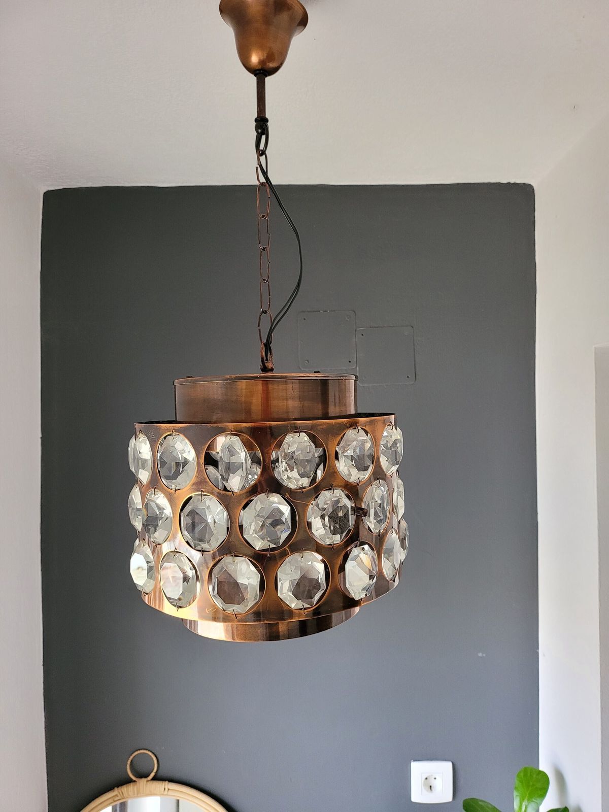 Vintage Ceiling Light, Copper & Crystal Pendant Lamp, Chandelier, Mid Century Modern Light Fixture, 70's Rustic Lamp, Retro Hanging Light photo 249.0