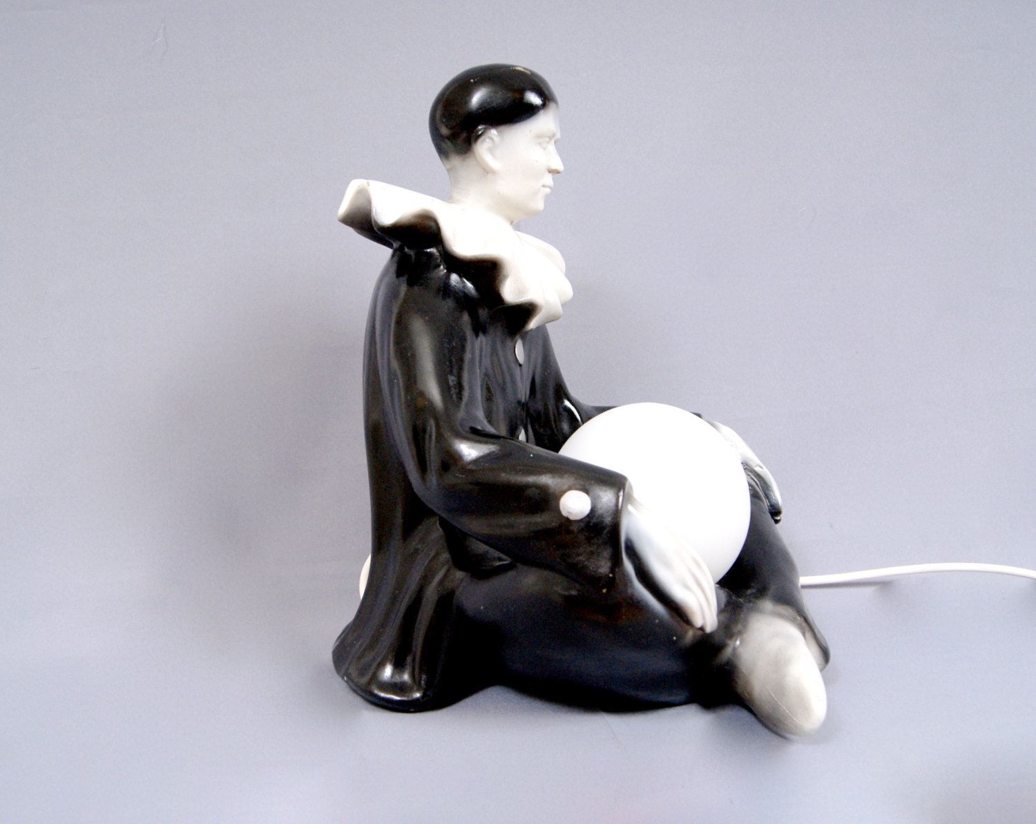 Vintage 1950s Large Pierrot Clown French Ceramic Figurine Desk Lamp Lighting With Frosted Globe Lamp photo for sale