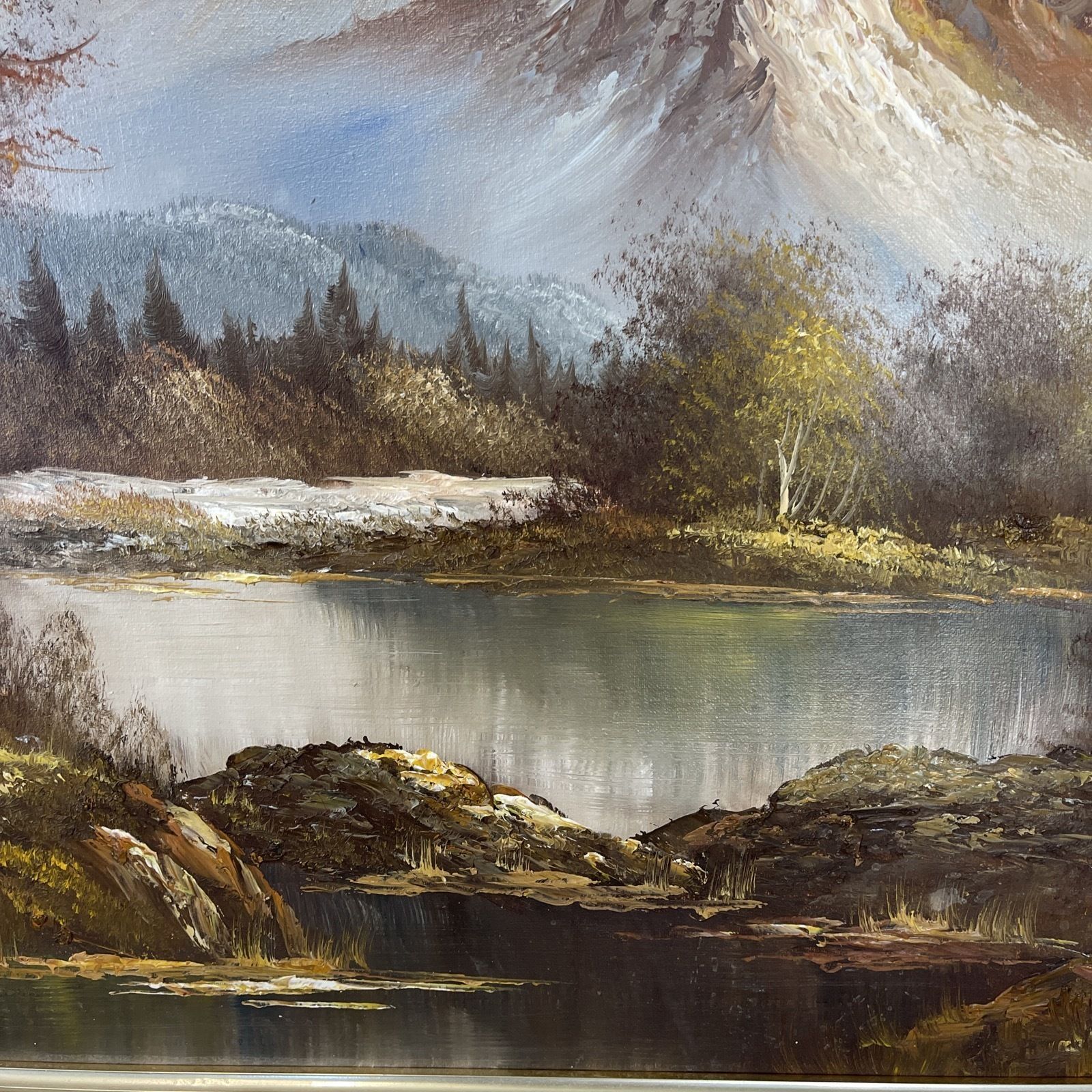 photo furniture Oil Painting Signed Antonio Vintage Gold Frame Huge 103cm X 75cm Mountains Lake