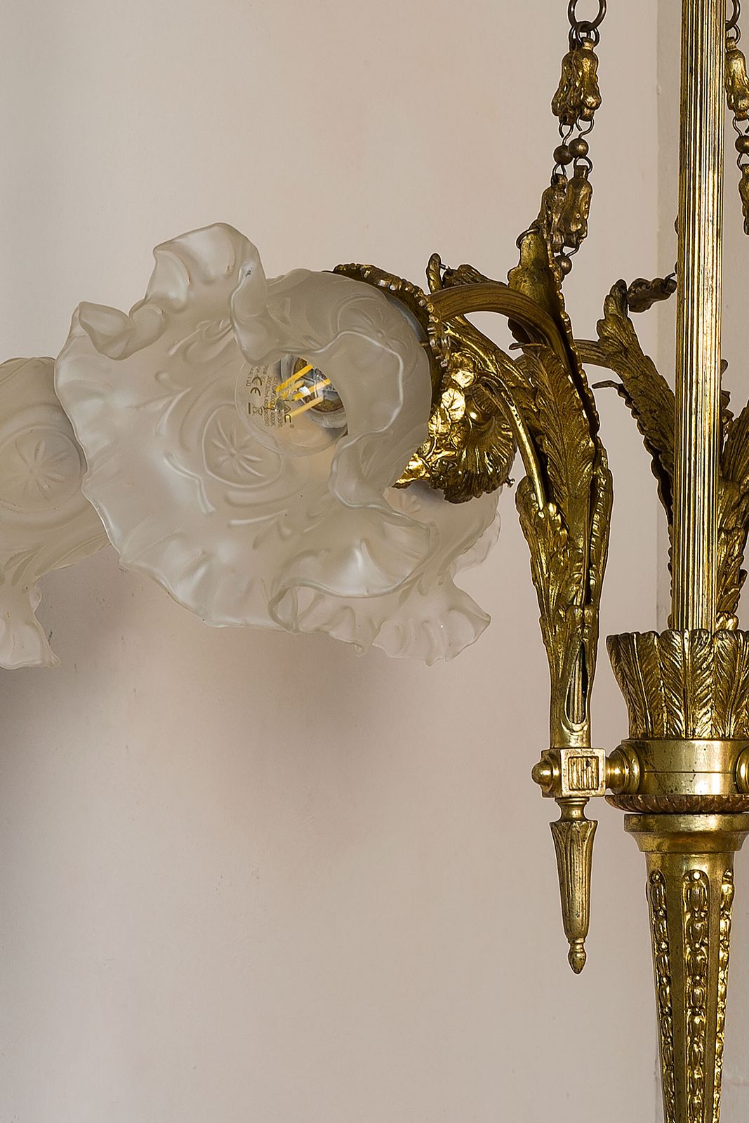 Antique Empire Style Chandelier In Gilded Bronze With Frosted Glass Tulip Shades. photo furniture