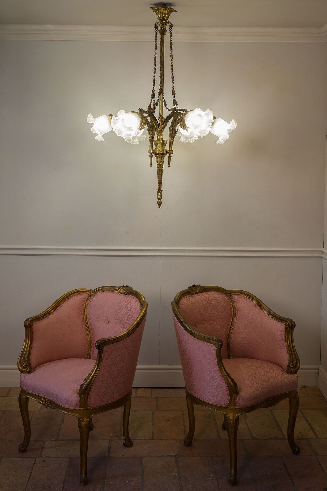 Antique Empire Style Chandelier In Gilded Bronze With Frosted Glass Tulip Shades. photo 1950.0