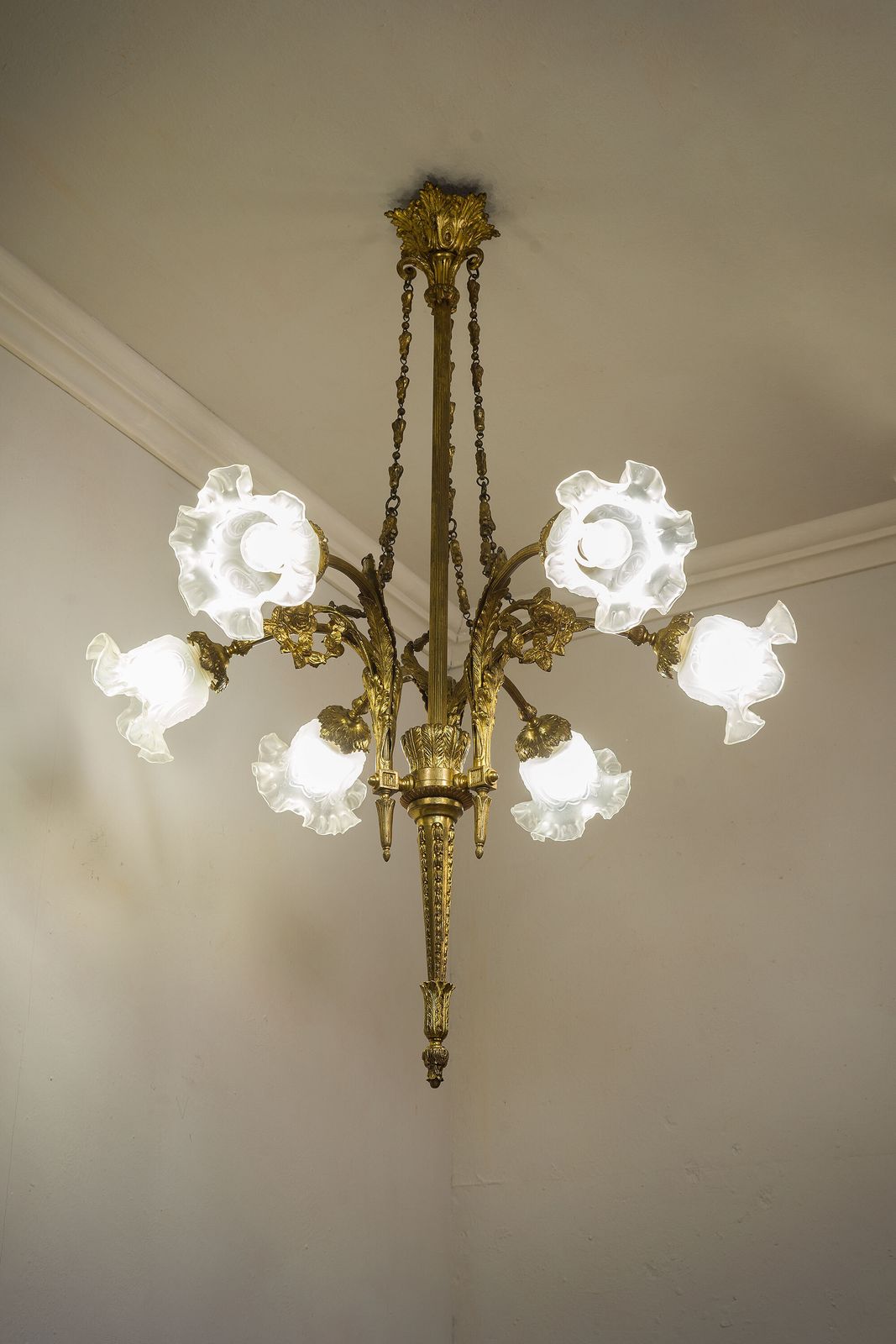 Antique Empire Style Chandelier In Gilded Bronze With Frosted Glass Tulip Shades.