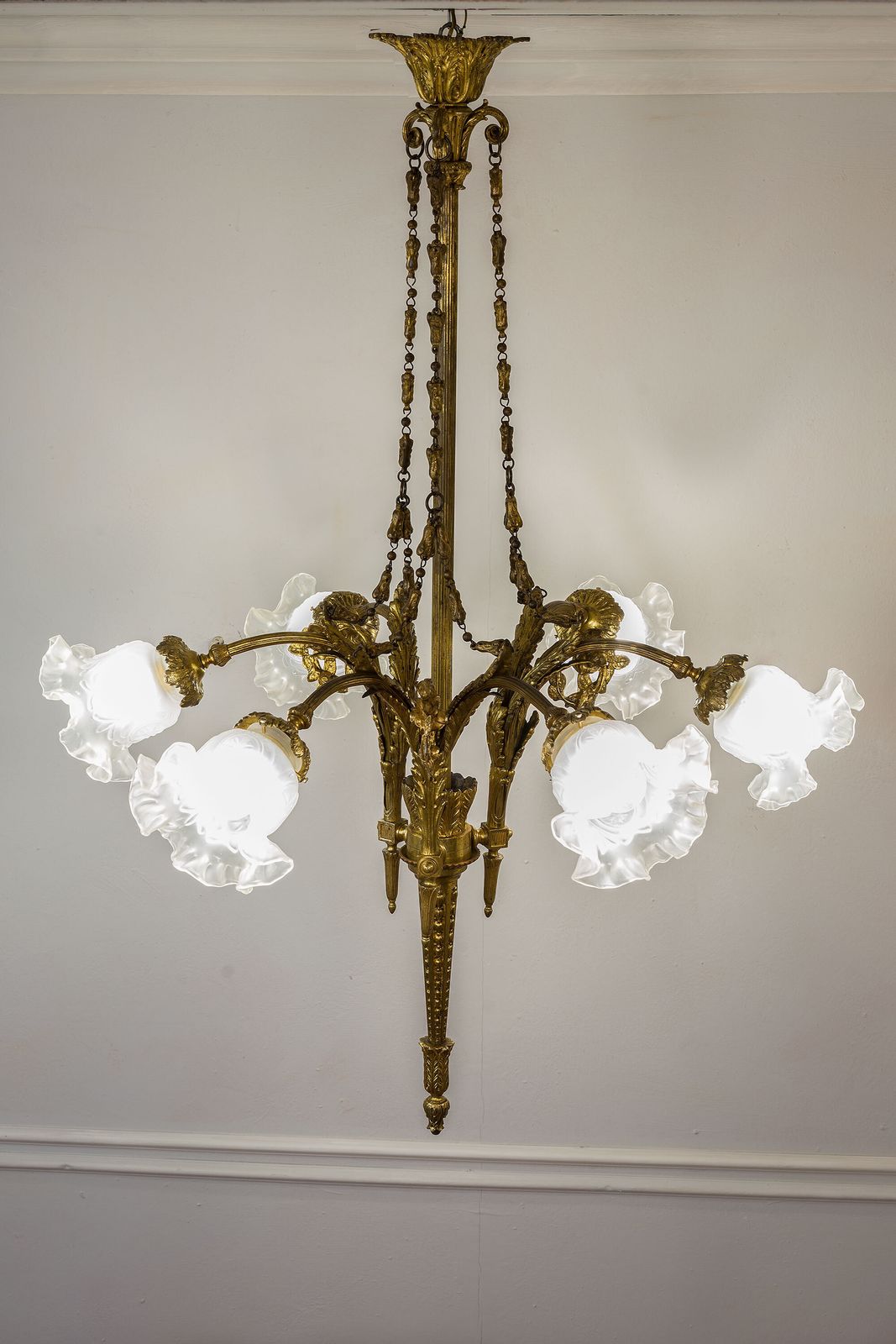 Antique Empire Style Chandelier In Gilded Bronze With Frosted Glass Tulip Shades. photo buy