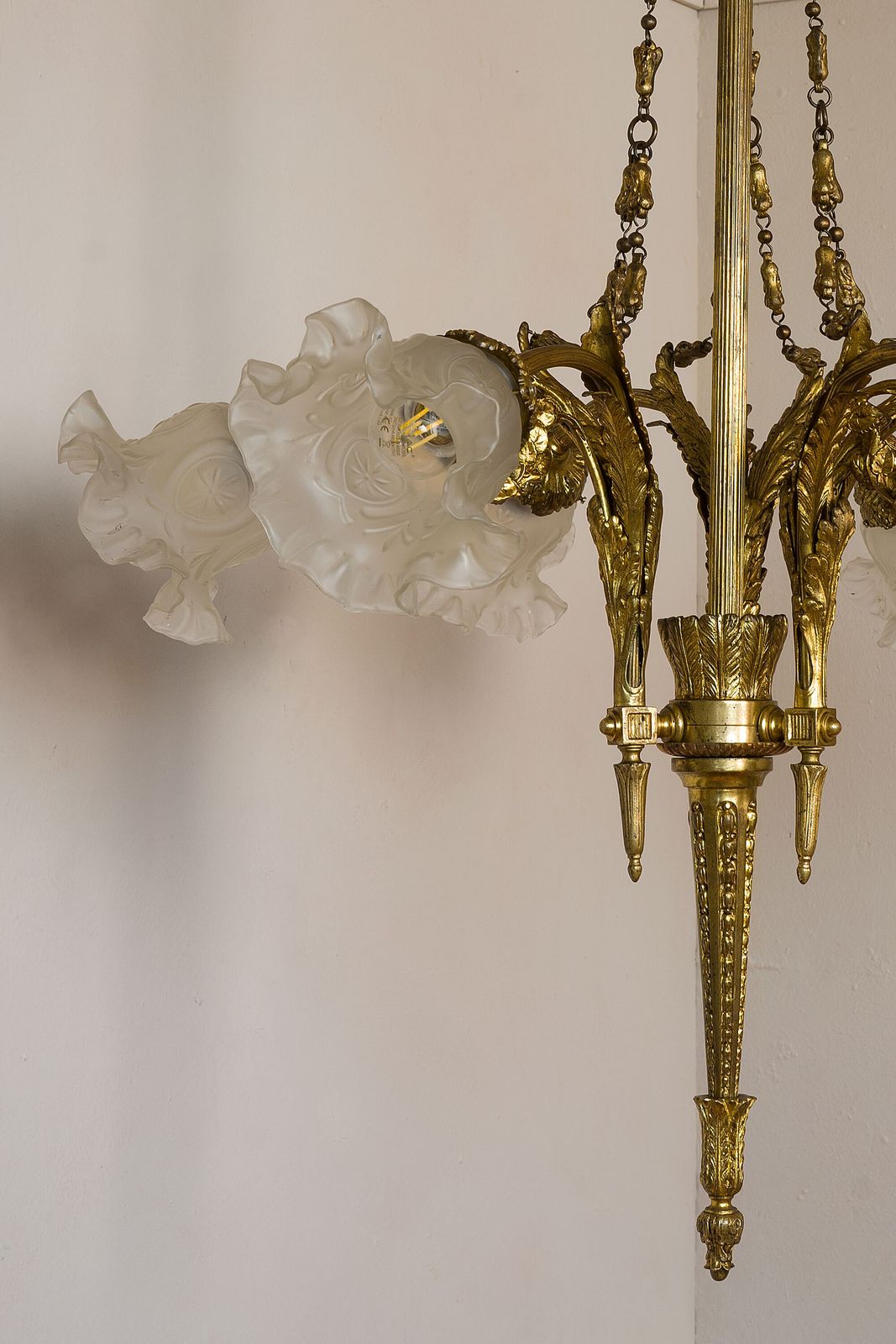 Antique Empire Style Chandelier In Gilded Bronze With Frosted Glass Tulip Shades. photo vintage