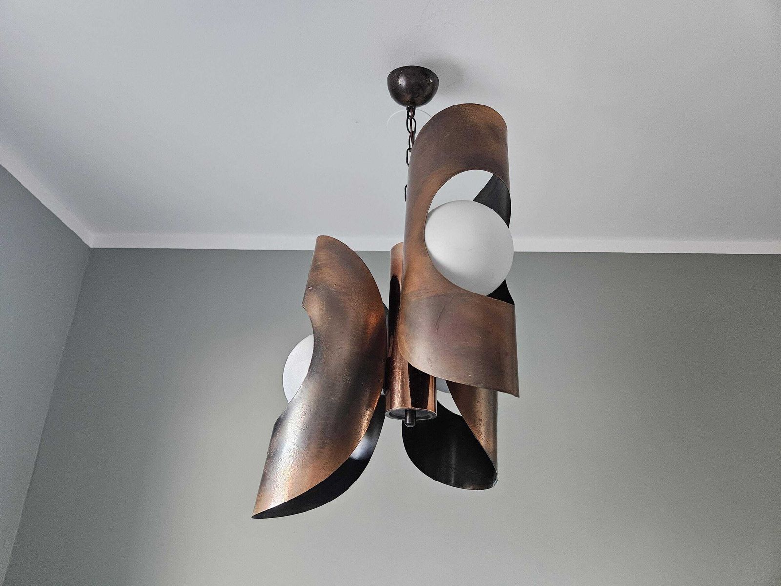 Mid Century Modern Light Fixture, Yugoslavia 70's, Brutalist Chandelier, Copper Pendant Light, Cascade Lamp, Space Age Lamp