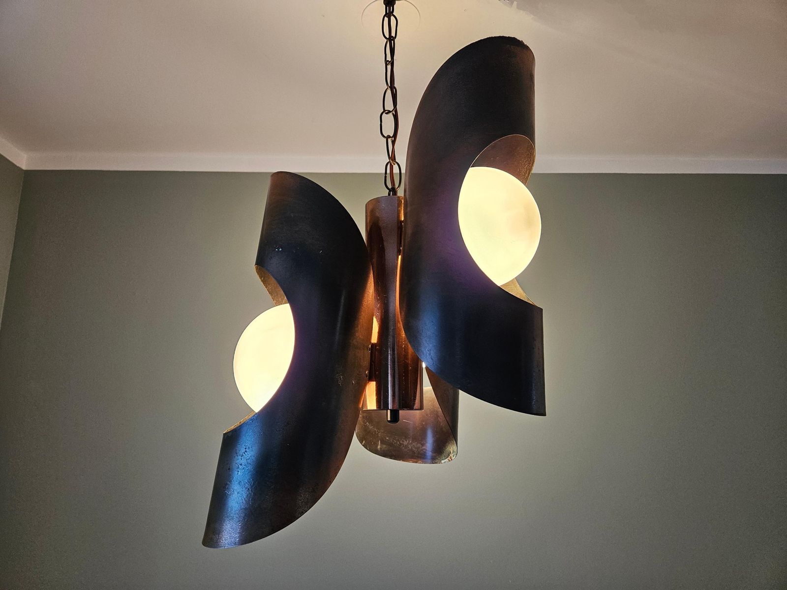 Mid Century Modern Light Fixture, Yugoslavia 70's, Brutalist Chandelier, Copper Pendant Light, Cascade Lamp, Space Age Lamp photo furniture