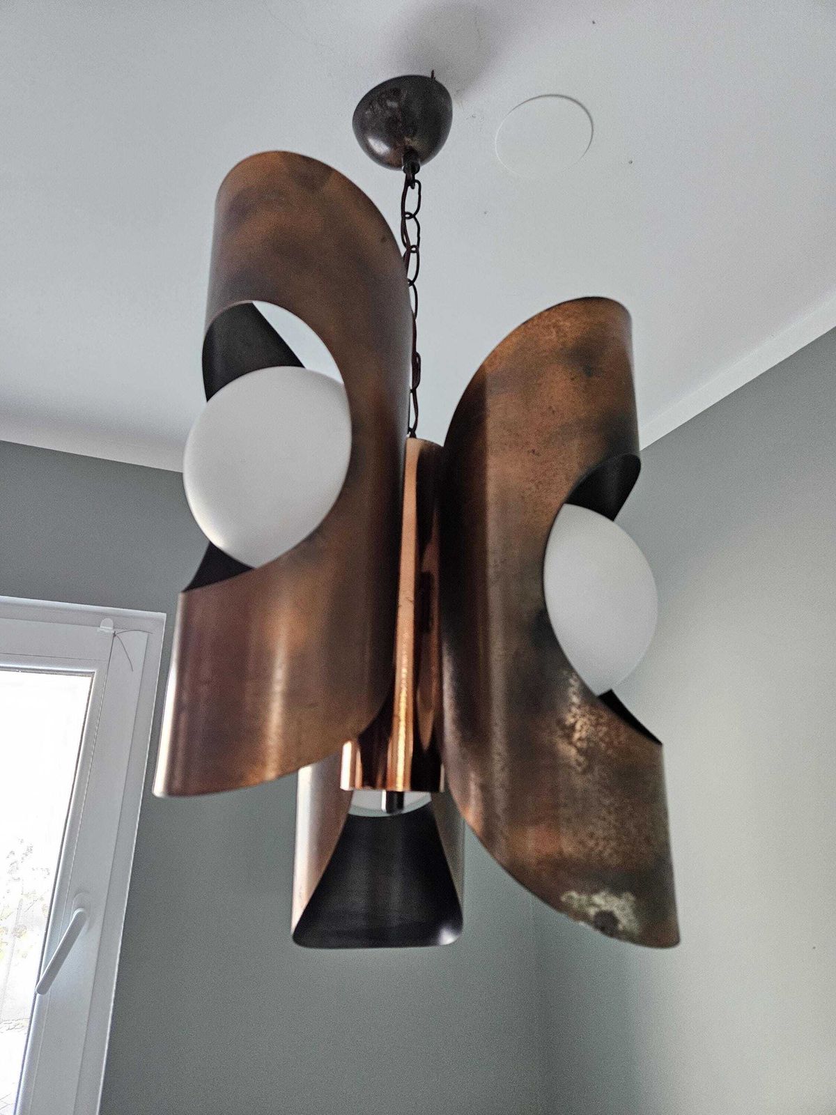 Mid Century Modern Light Fixture, Yugoslavia 70's, Brutalist Chandelier, Copper Pendant Light, Cascade Lamp, Space Age Lamp photo for sale