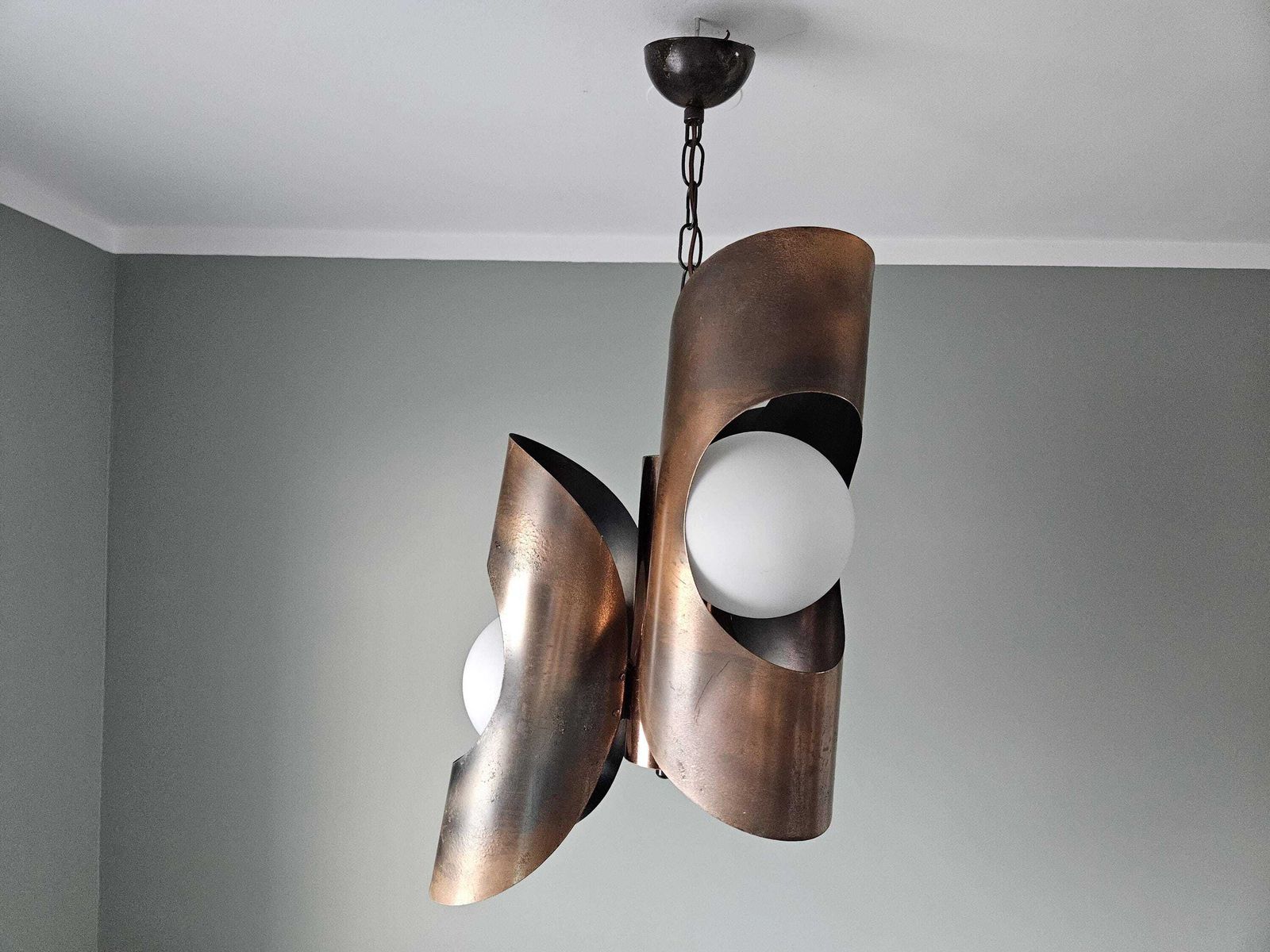 Mid Century Modern Light Fixture, Yugoslavia 70's, Brutalist Chandelier, Copper Pendant Light, Cascade Lamp, Space Age Lamp photo vintage