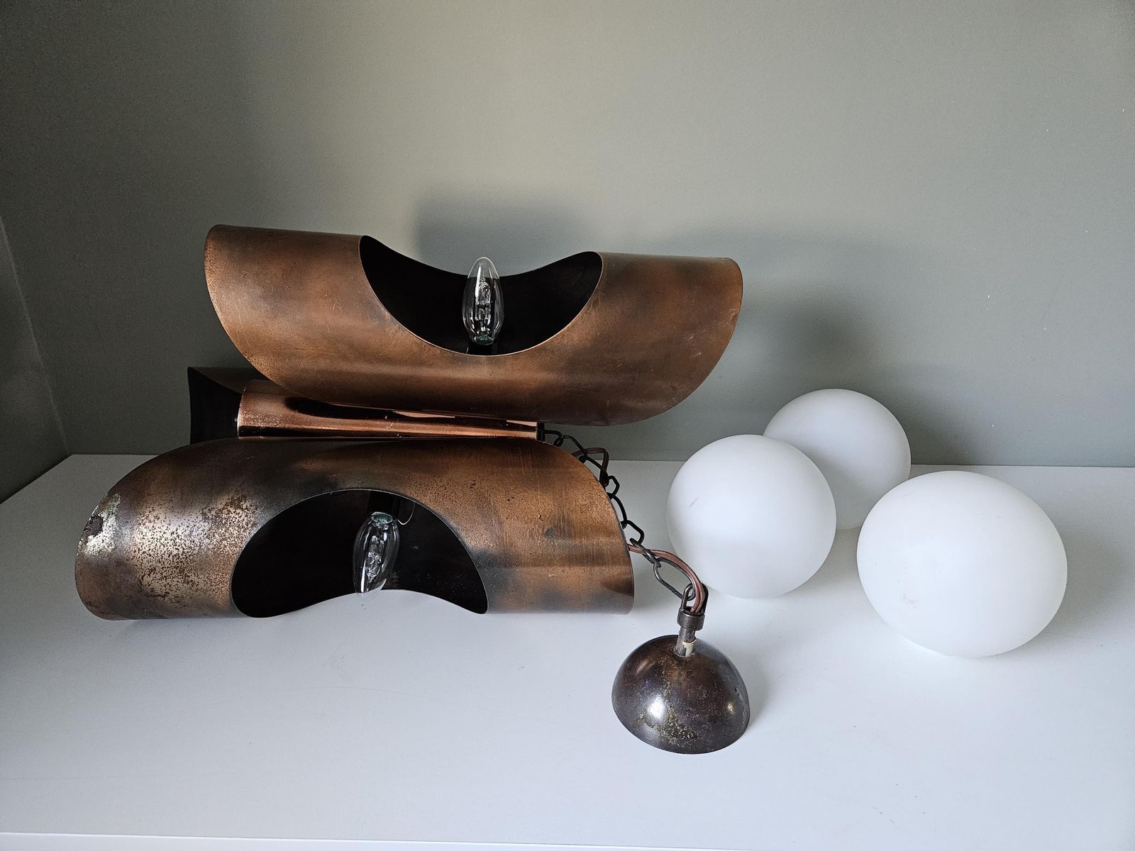 photo for sale Mid Century Modern Light Fixture, Yugoslavia 70's, Brutalist Chandelier, Copper Pendant Light, Cascade Lamp, Space Age Lamp