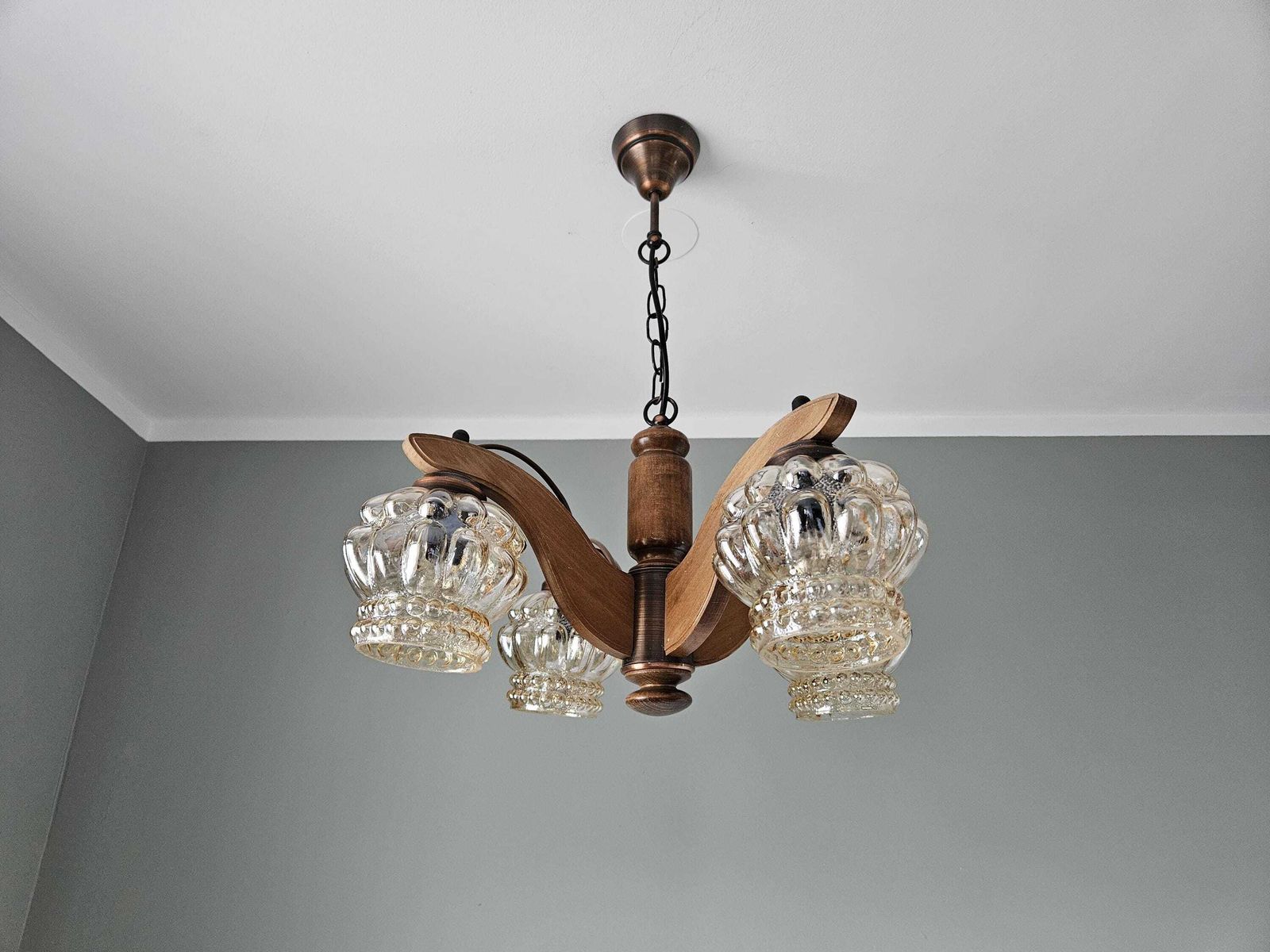 Vintage Chandelier, Wood Glass Copper Lamp, Pendant Light, Mcm Ceiling Lamp, 70s, Wooden Chandelier, Light Fixture, Mid Century Modern photo Lighting