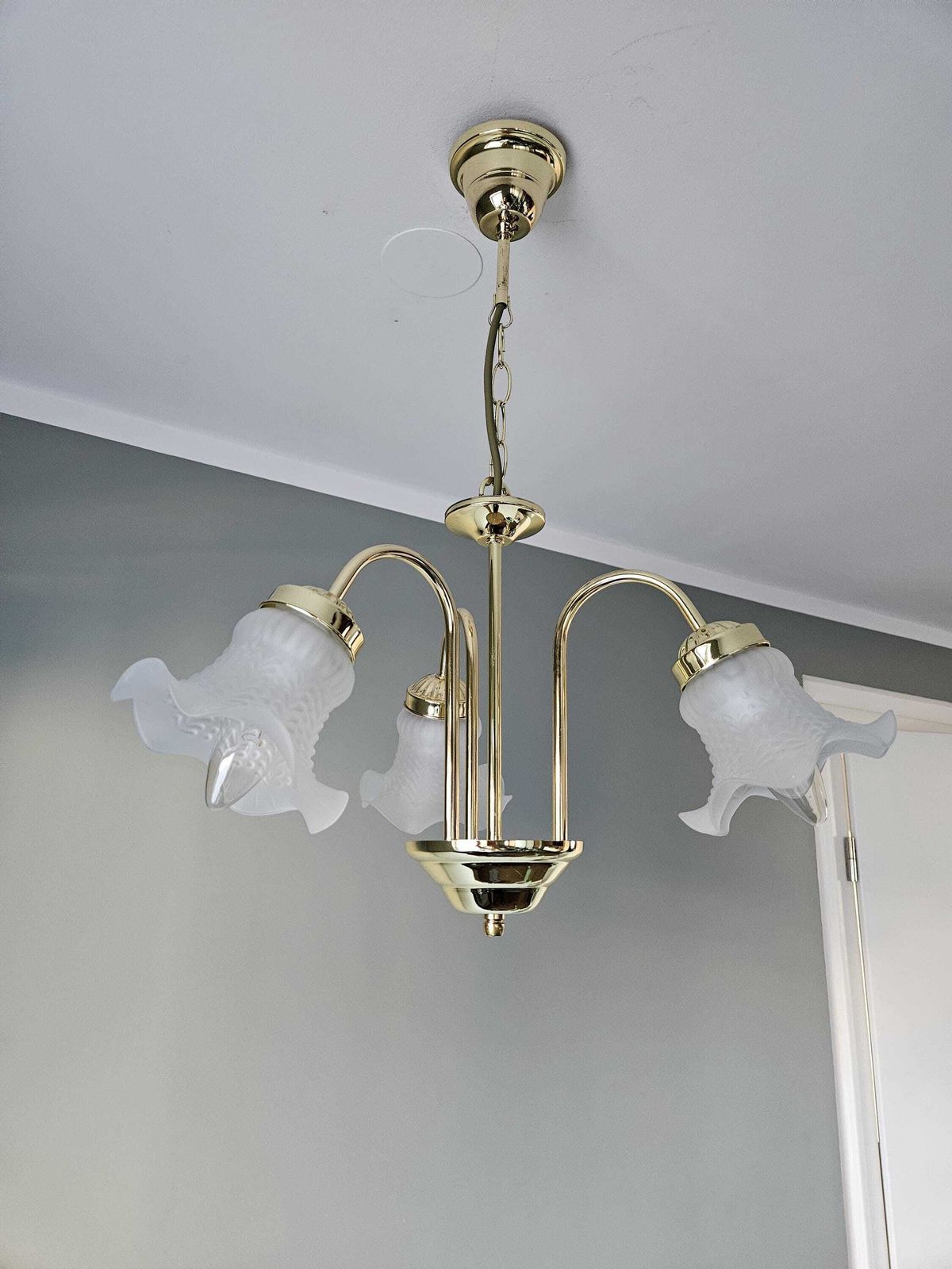 Vintage Chandelier, Brass Chandelier With Frosted Glass Tulip Lampshades, Pendant Lamp, Gold Light Fixture, Hollywood Reegency Style photo furniture