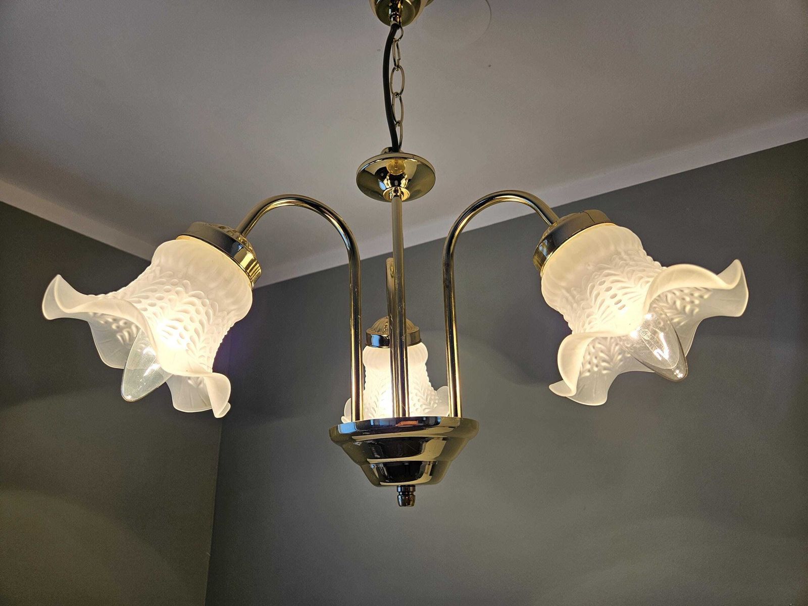 photo furniture Vintage Chandelier, Brass Chandelier With Frosted Glass Tulip Lampshades, Pendant Lamp, Gold Light Fixture, Hollywood Reegency Style