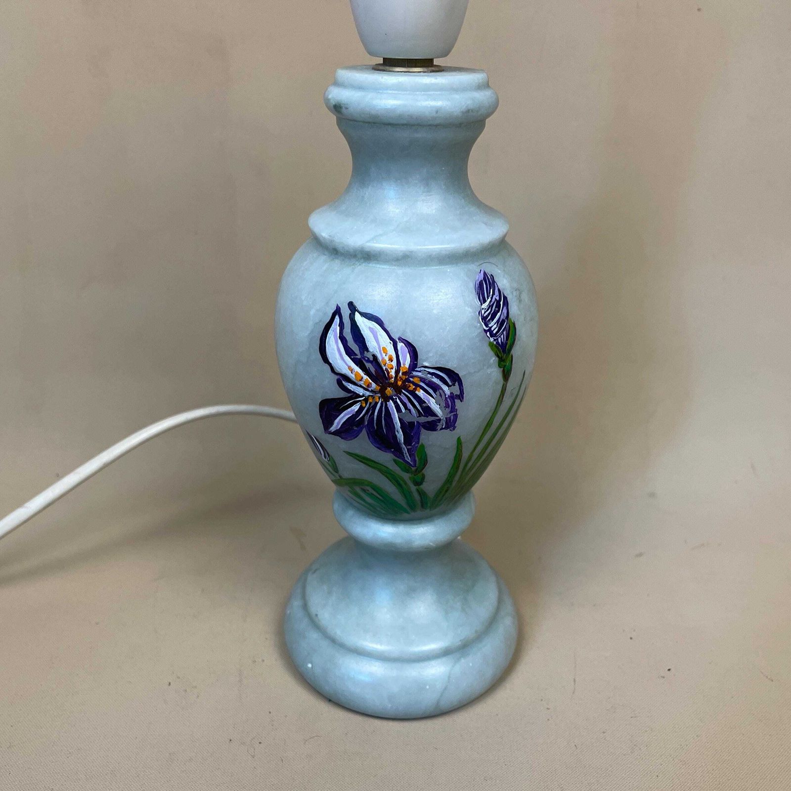 Antique Onyx Marble Lamp Light Bedside Side Table Desk Marbled Patterned Vintage Stone Ornate Round Hand Painted Floral Pattern Blue Purple photo for sale