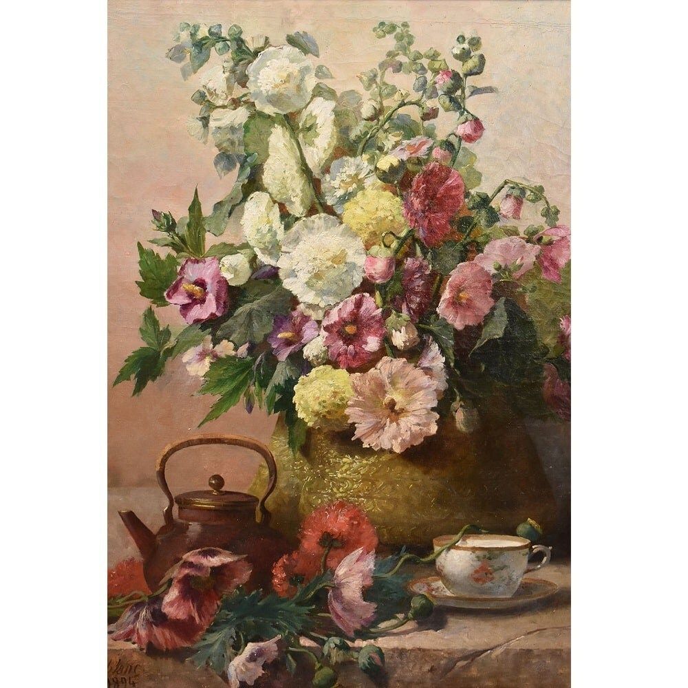 Antique Flower Painting, Mallow And Hibiscus Flowers, Oil On Canvas, Late 19th Century. (Qf648) photo for sale