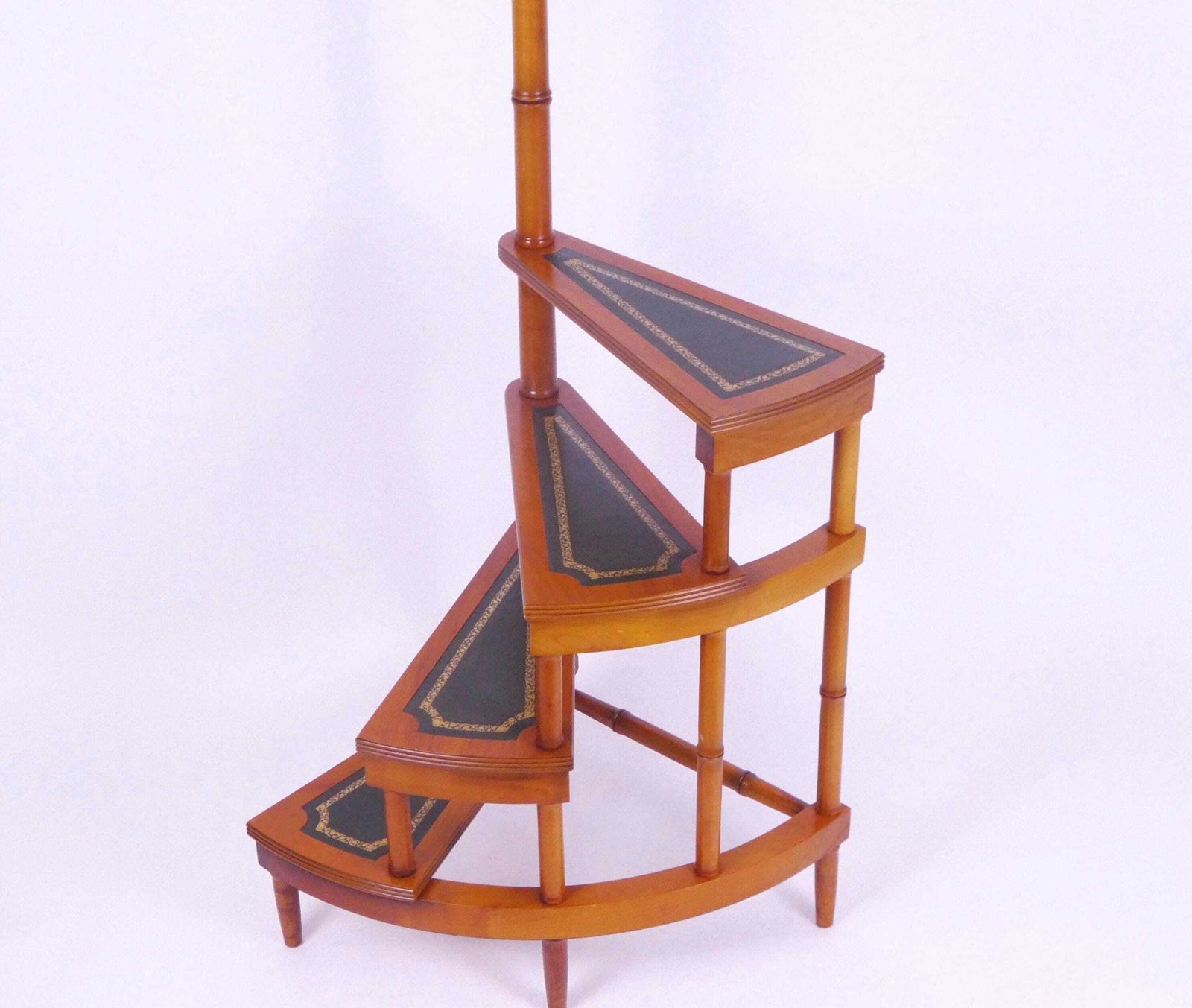 Vintage Large Victorian Style Library Steps With Green Leather, 50's Spiral Bookcase Ladder, Semicircular Steps With Brass Knob