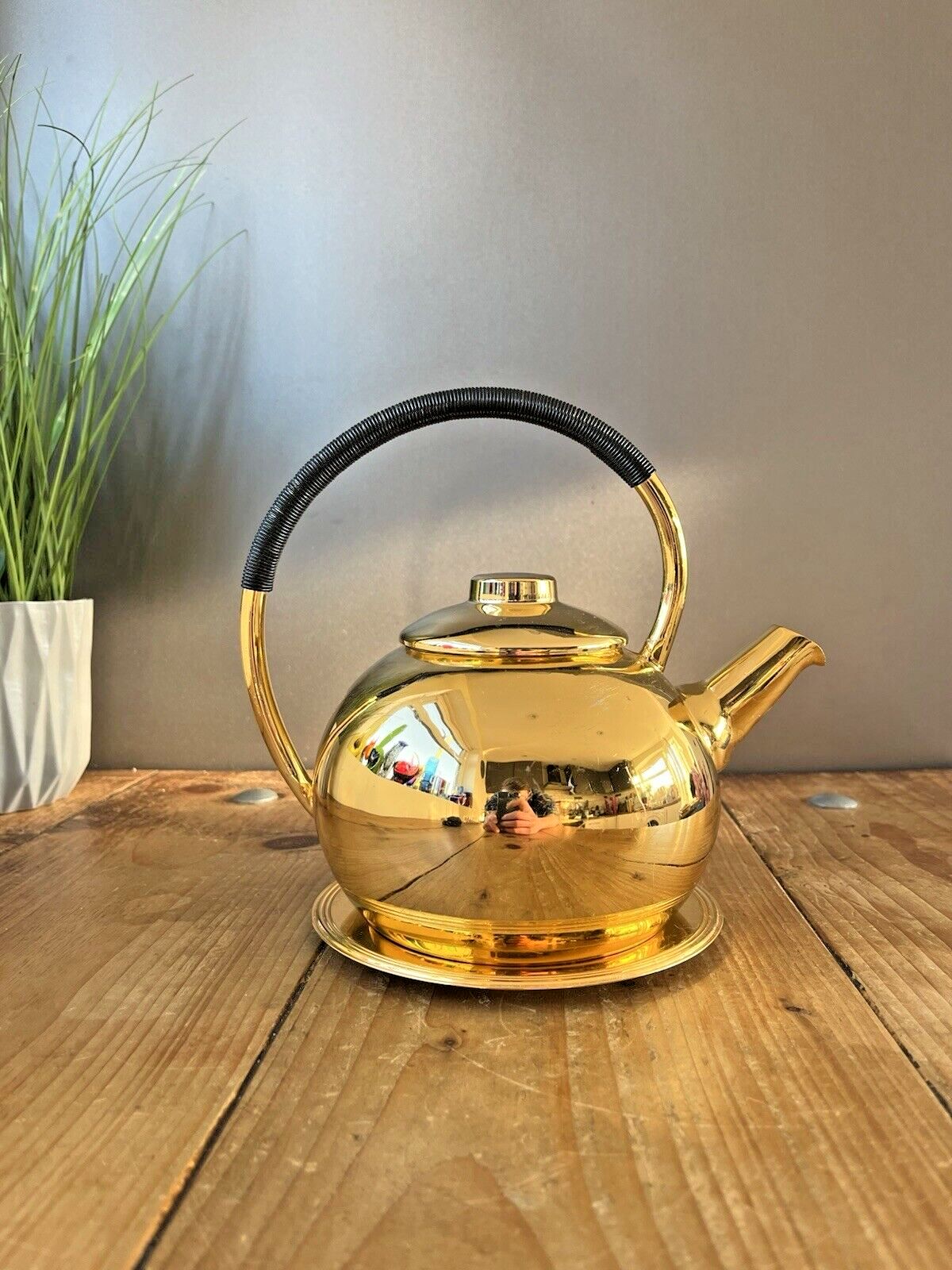 Mid Century 60's Art Deco Style Modernist French Inalta Luxe Kettle Woven Handle photo Home Decor