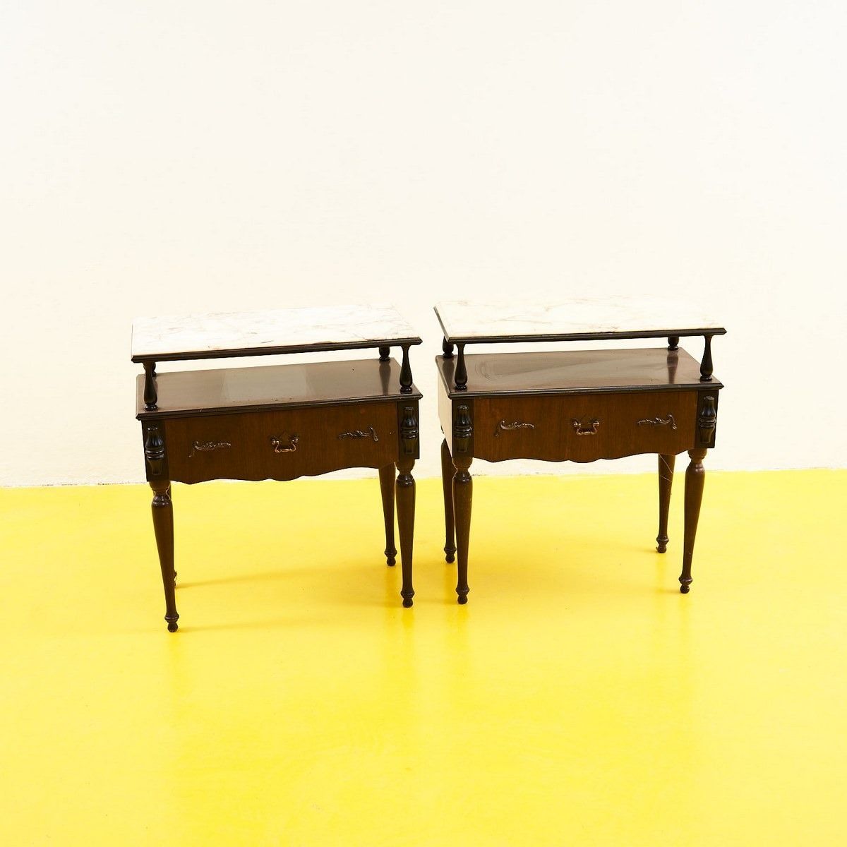 Pair Of Wooden Bedside Tables With Marble Top From The 50s