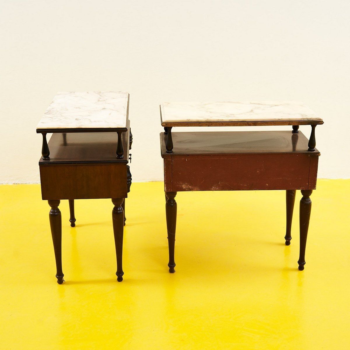 Pair Of Wooden Bedside Tables With Marble Top From The 50s photo vintage