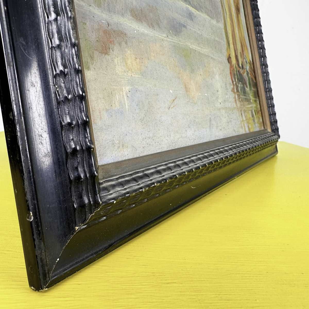 Vintage Ebonized Rippled Wooden Frame With Landscape Painting On Panel photo vinterior