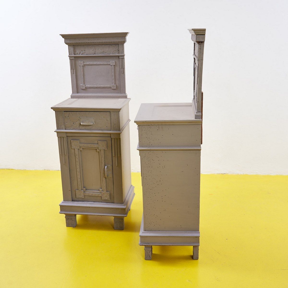Pair Of Dove Grey Wooden Bedside Tables From The 40s photo buy