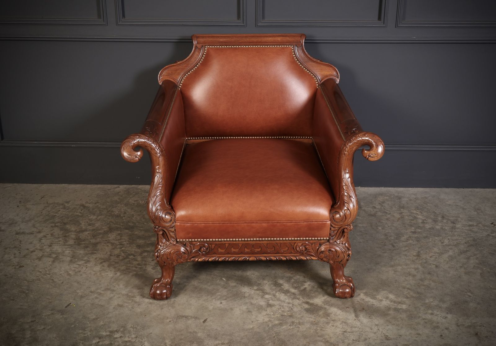 Pair Of Carved Mahogany & Leather Library Armchairs photo furniture